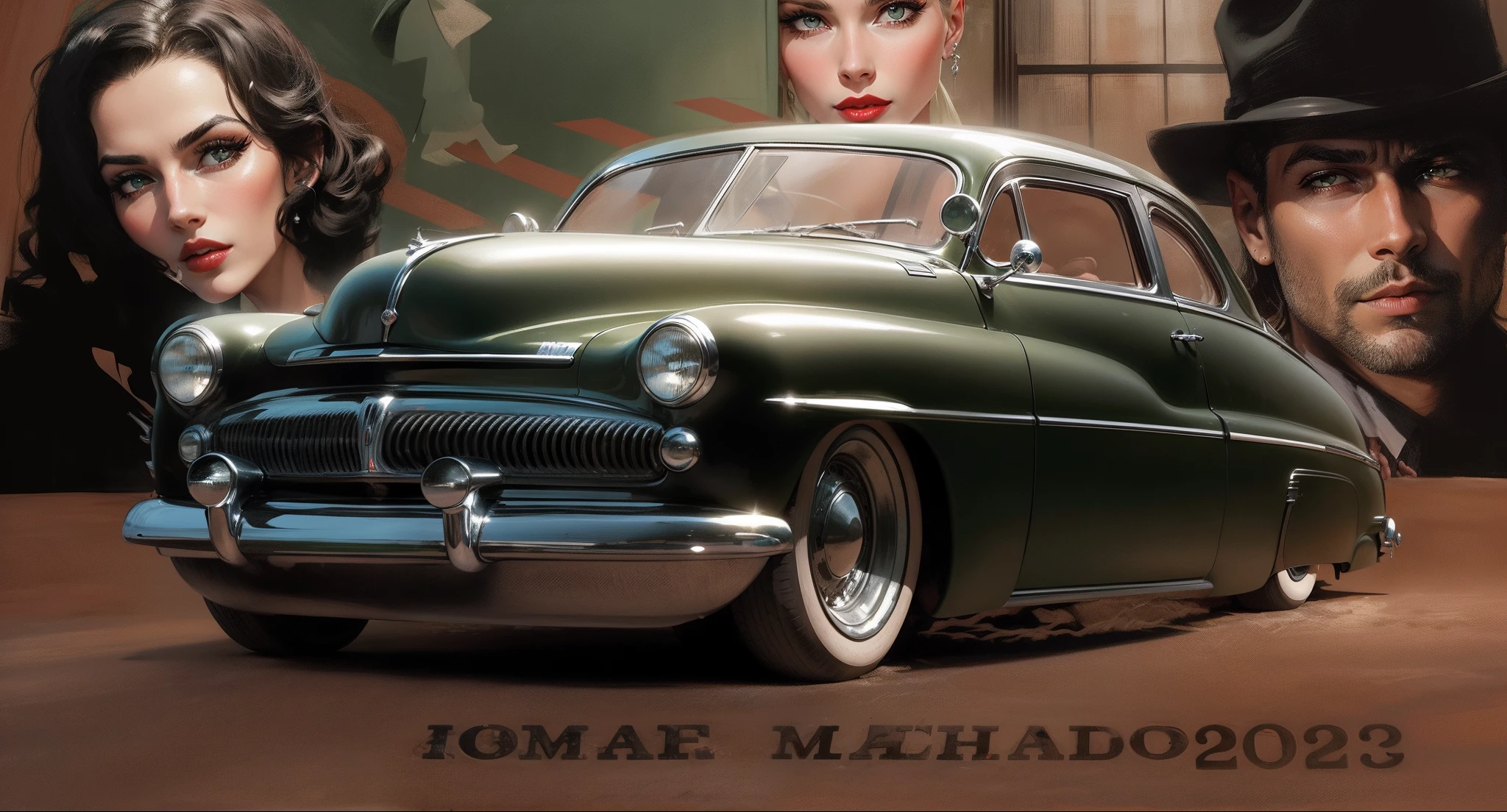 um (((Mercury preto e elegante 1949))) em primeiro plano, behind the car in the background a beautiful blonde woman with red lips, uma pessoa de guarda chuvas atravessando a faixa na pista de rua, a beautiful woman with beautiful green eyes and red lips in front of shadows from a framed window and an Indiana Jones man in a hat looking at women
