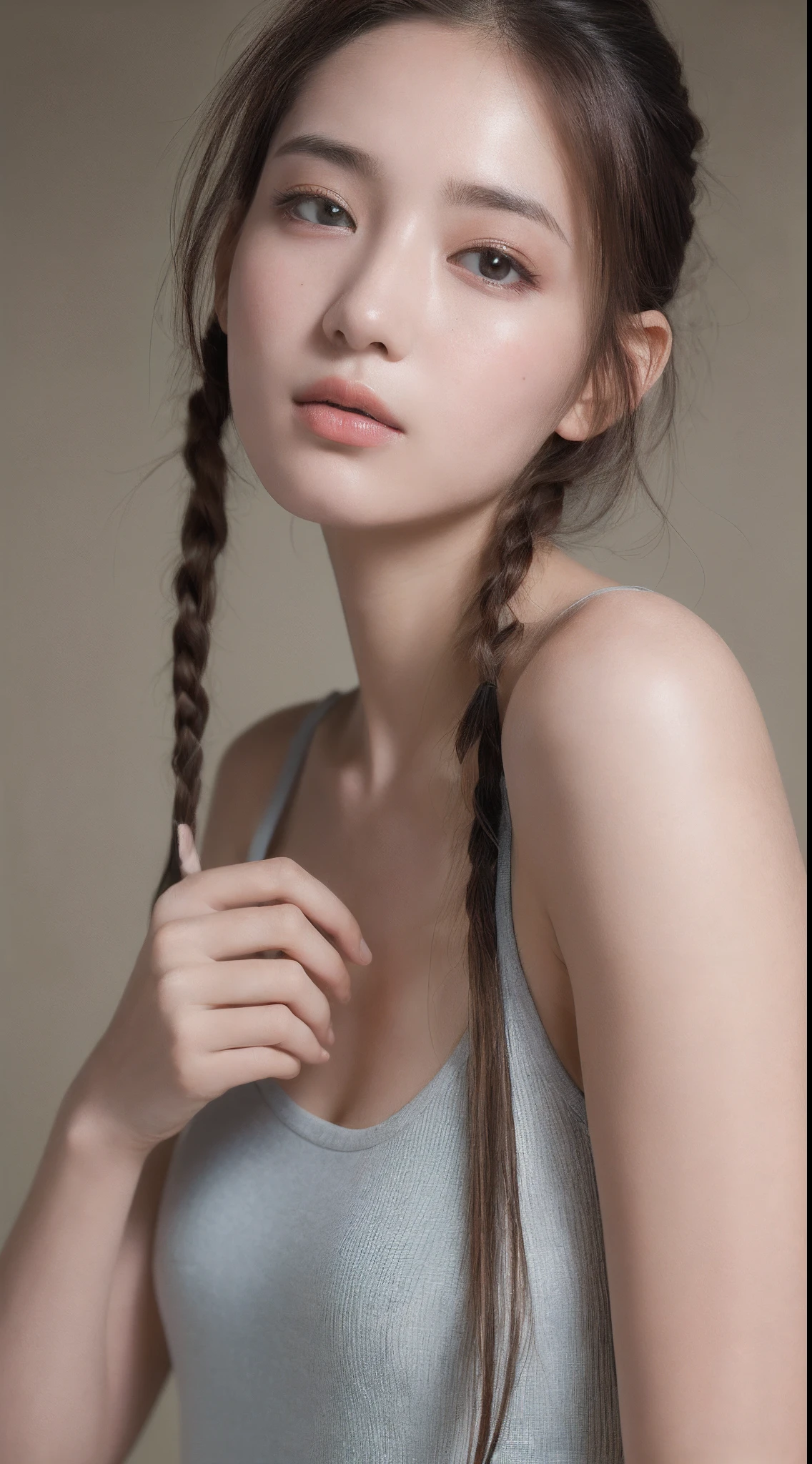 ((Best quality, 8k, Masterpiece :1.3)), 1girl, Pretty woman with emphasizing slender abs :1.3, (random hairstyles :1.2), Oversized tank top :1.2, Ultra-detailed face, Detailed eyes, Double eyelid, armpit