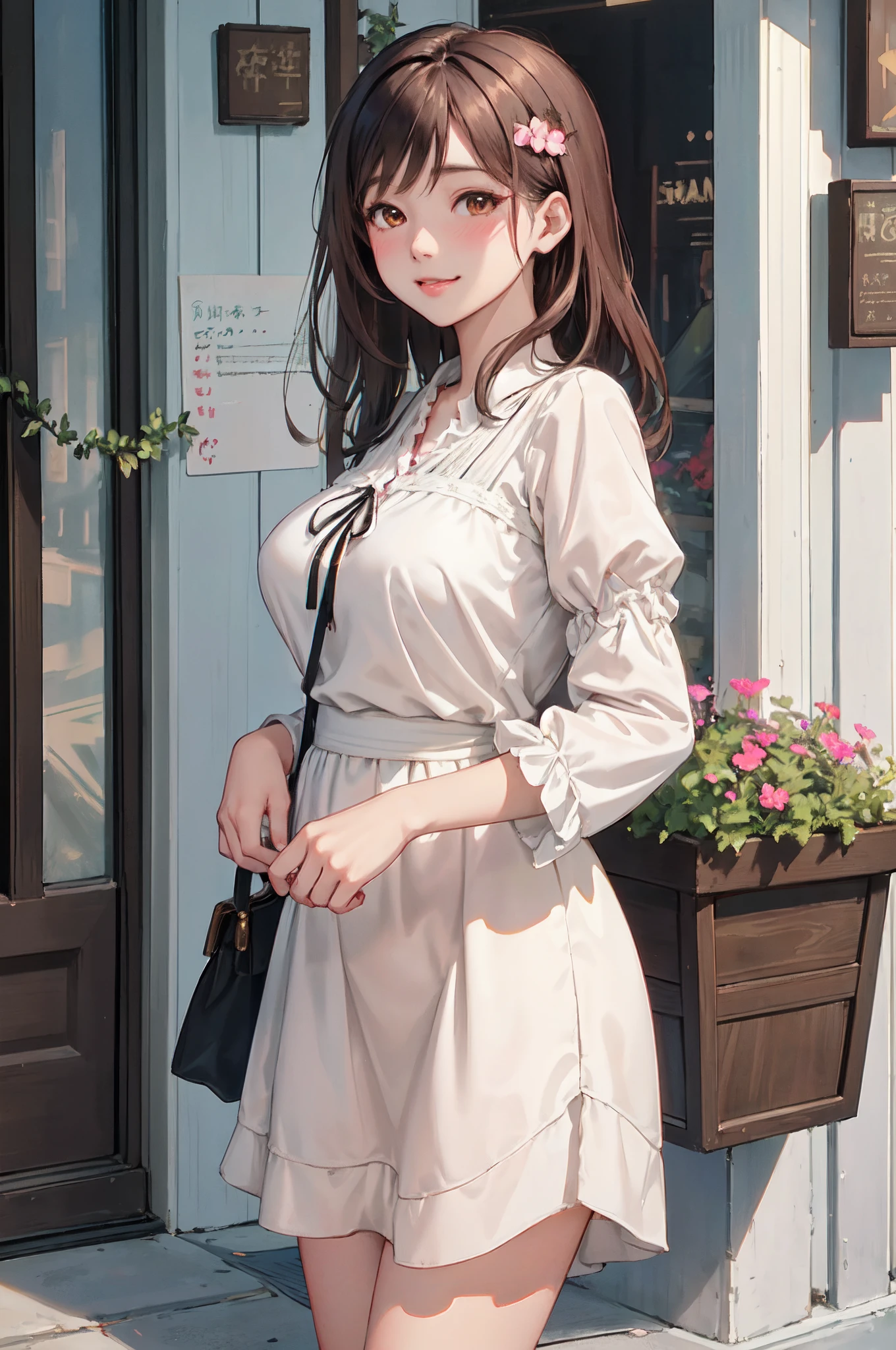 Outdoor Main Street, 1 Lady Solo, /(Brown medium hair/), edgeAsian wearedgeAsian, blush gentle smile, (masterpiece best quality:1.3) Delicate illustration ultra-high definition high resolution, Large breasts