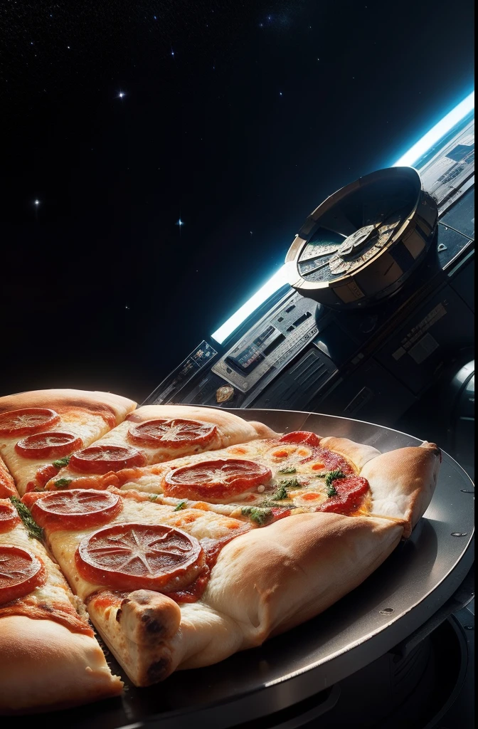 8k、A space station where Italian pizza and spaceship are fused