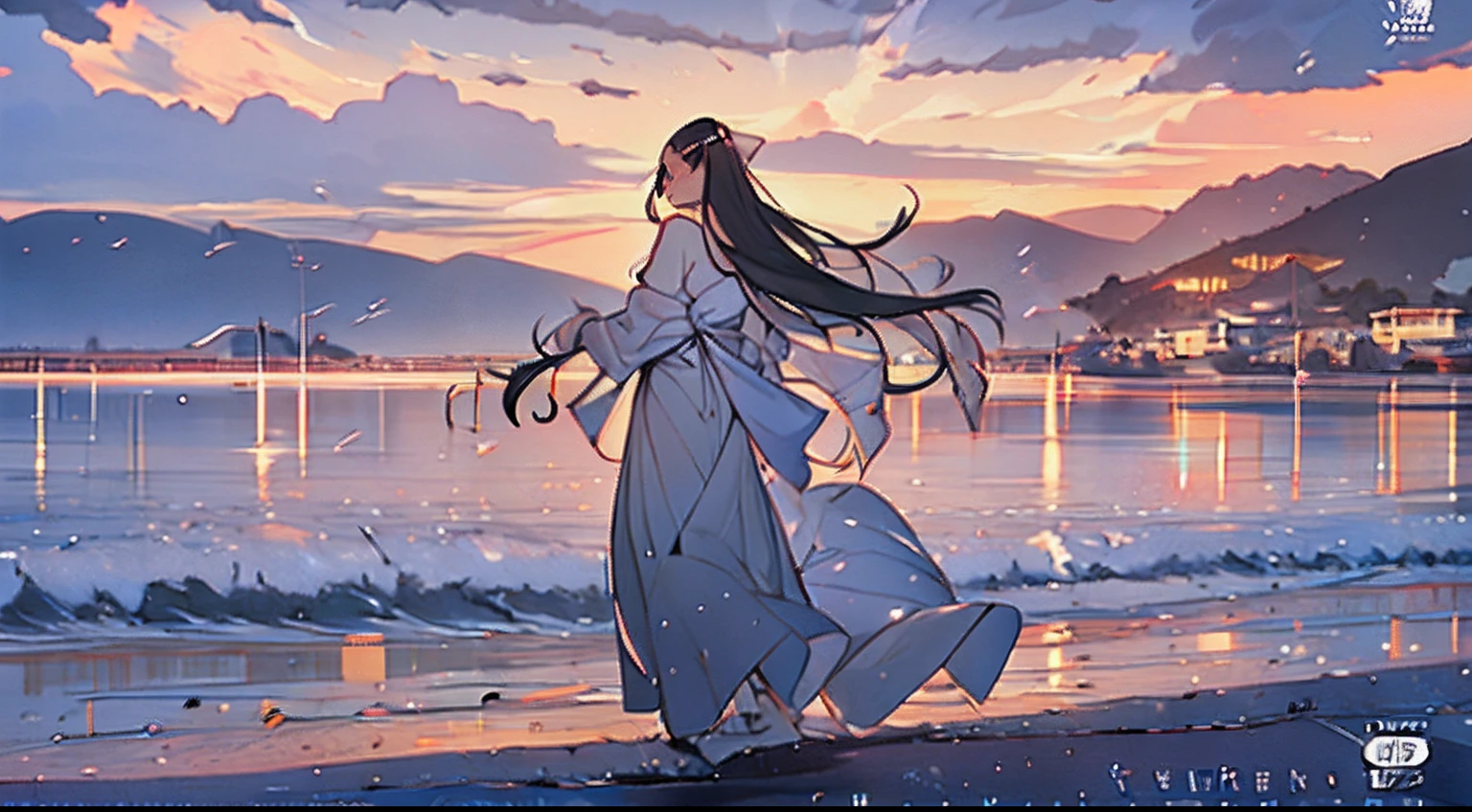 Painting of a woman walking on the beach at sunset, ross tran. scenery background, rob rey and kentarõ miura style, Ross Tran style, Guviz-style artwork, Artgerm and Atey Ghailan, studio glibly makoto shinkai, Ross Tran 8 K, inspired by Ross Tran, Guviz