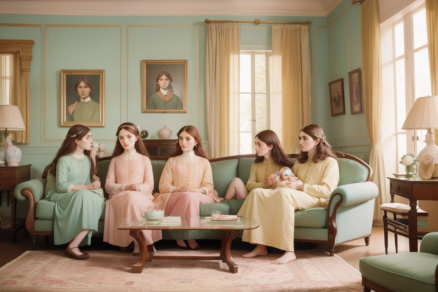In a unique blend of Pre-Raphaelite allure and Wes Anderson's whimsy, depict a serene moment in a family of four's life as they sit in their pastel-colored living room, each family member exuding a distinctive and colorful personality amidst meticulously placed retro furniture.