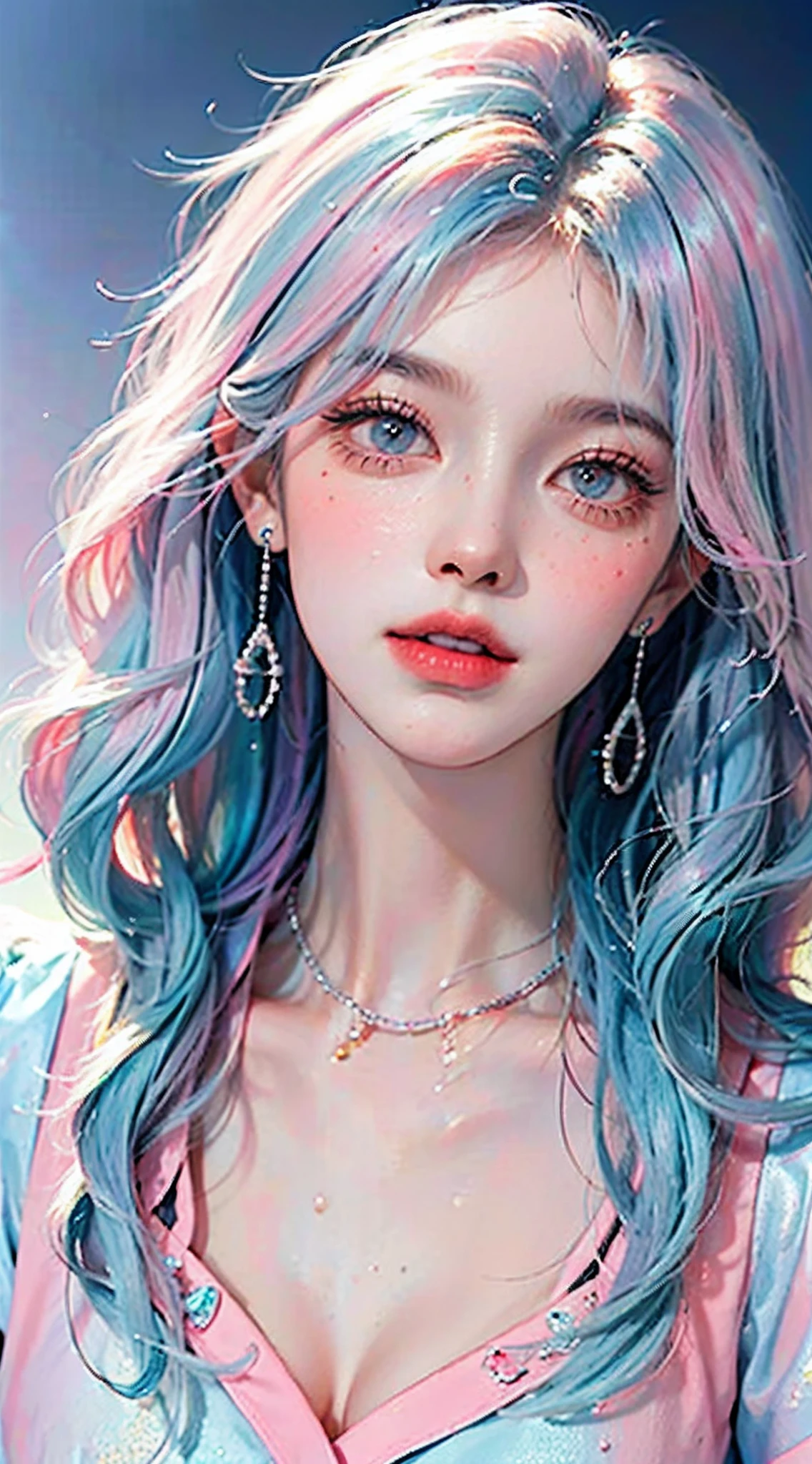 （tmasterpiece、best qualtiy、A high resolution），（coloured background，（splash of color）），Sweet girl，light blue long hair，[light blues|Pink big breasts]the hair，curlies，glitters，Pink lips，(splash of color，(White color blouse)，frontage，upper body:1.5