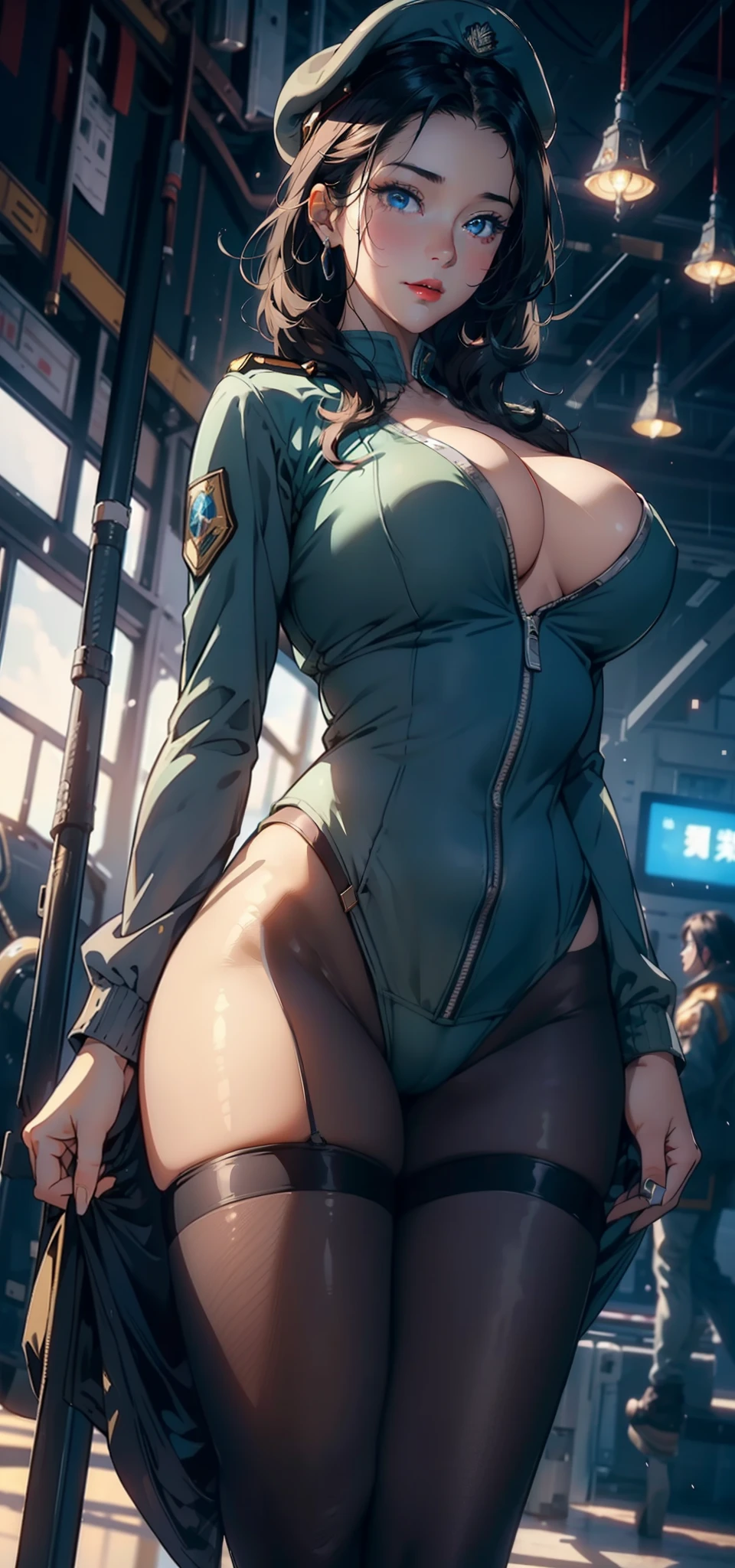 1female,35yo,plumw,extremely large bosom, 独奏,(Background with:Huge machinery,droid,aerodrome,Planes,Huge mechanical armor,) She has very short black hair,bobo head,Stand on the plane,,seen from the front, hair straight, mostly cloudy sky,(((tmasterpiece),(Very detailed CG unity 8K wallpaper),best qualtiy,cinmatic lighting,detailed back ground,beatiful detailed eyes,Bright pupils,Blue eyes,Snow-whiteskin,Redlip(Very fine and beautiful),(Beautiful and detailed eye description),ultra - detailed,tmasterpiece,))facing at camera,A high resolution,ultra - detailed),revealing breasts,Bare genitalia, Bulge,legs are open,Raised sexy,Camel toes,Flushed complexion,Desire for dissatisfaction,frontage,Indian Air Force,Aviator,Officer's cap(Wearing:Dark green baseball jacket,Black pantyhose,Bare breasts)scifi style