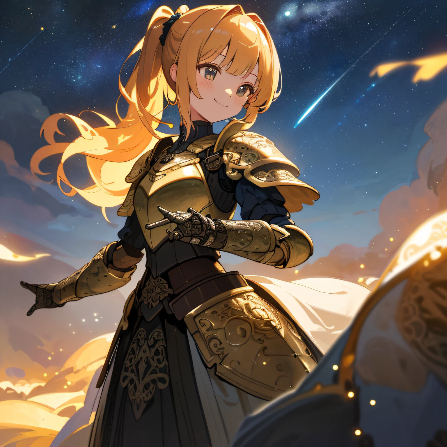 ((Masterpiece,Best quality,Highest quality,illustration,Intricate details)),1girll,Smile, Armor,Golden hair,pony tails,
Night,Starry sky, Depth of field, Outdoors,