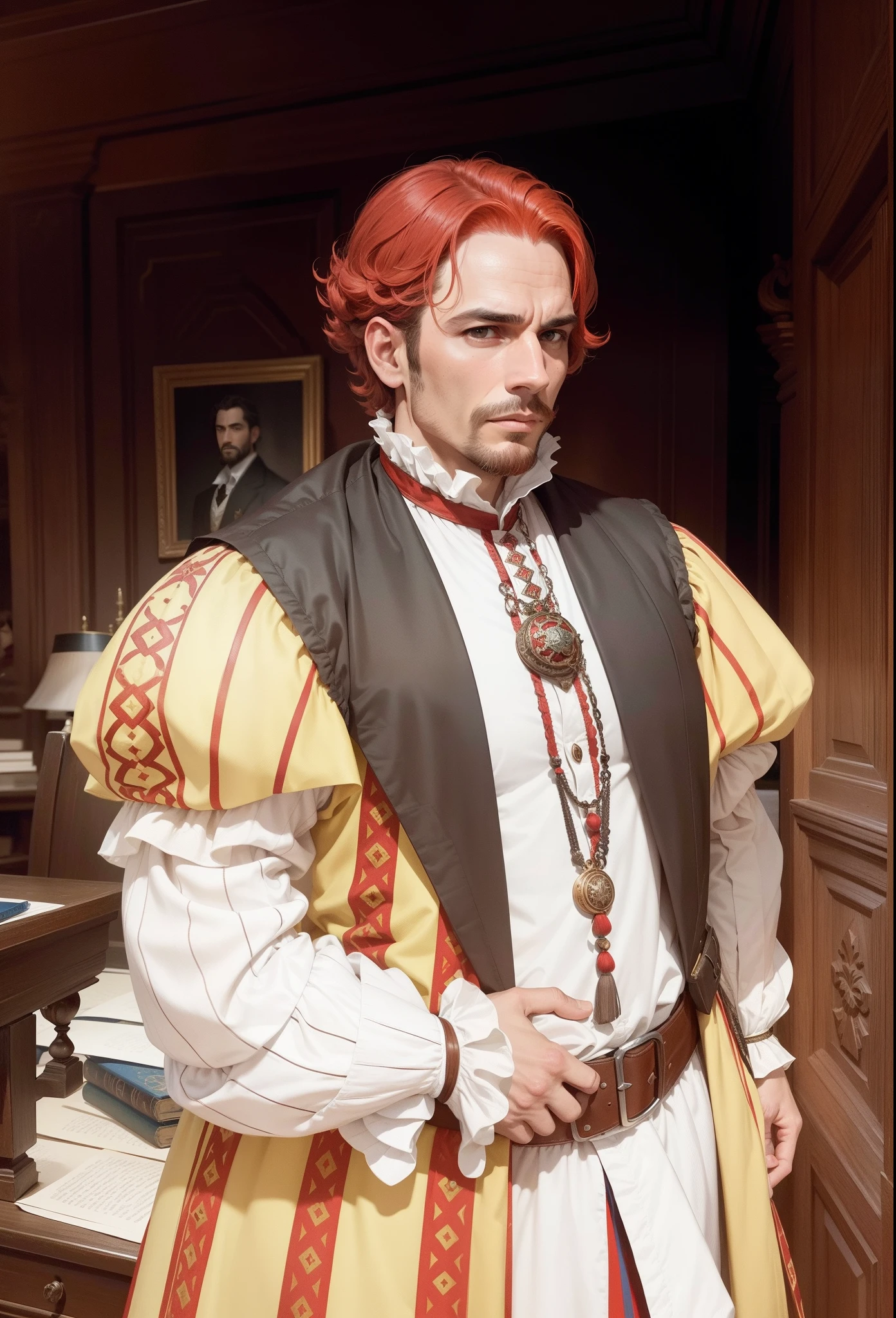 Juan de Aranda, official, adminstrator, ,16th century, renaissance, age of exploration, age of 35, middle-aged, , man, Spanish,impressive, red hair, ambitious, clever, decisiveness, greed facial expression, foul look, unscrupulously facial expression, unloyal