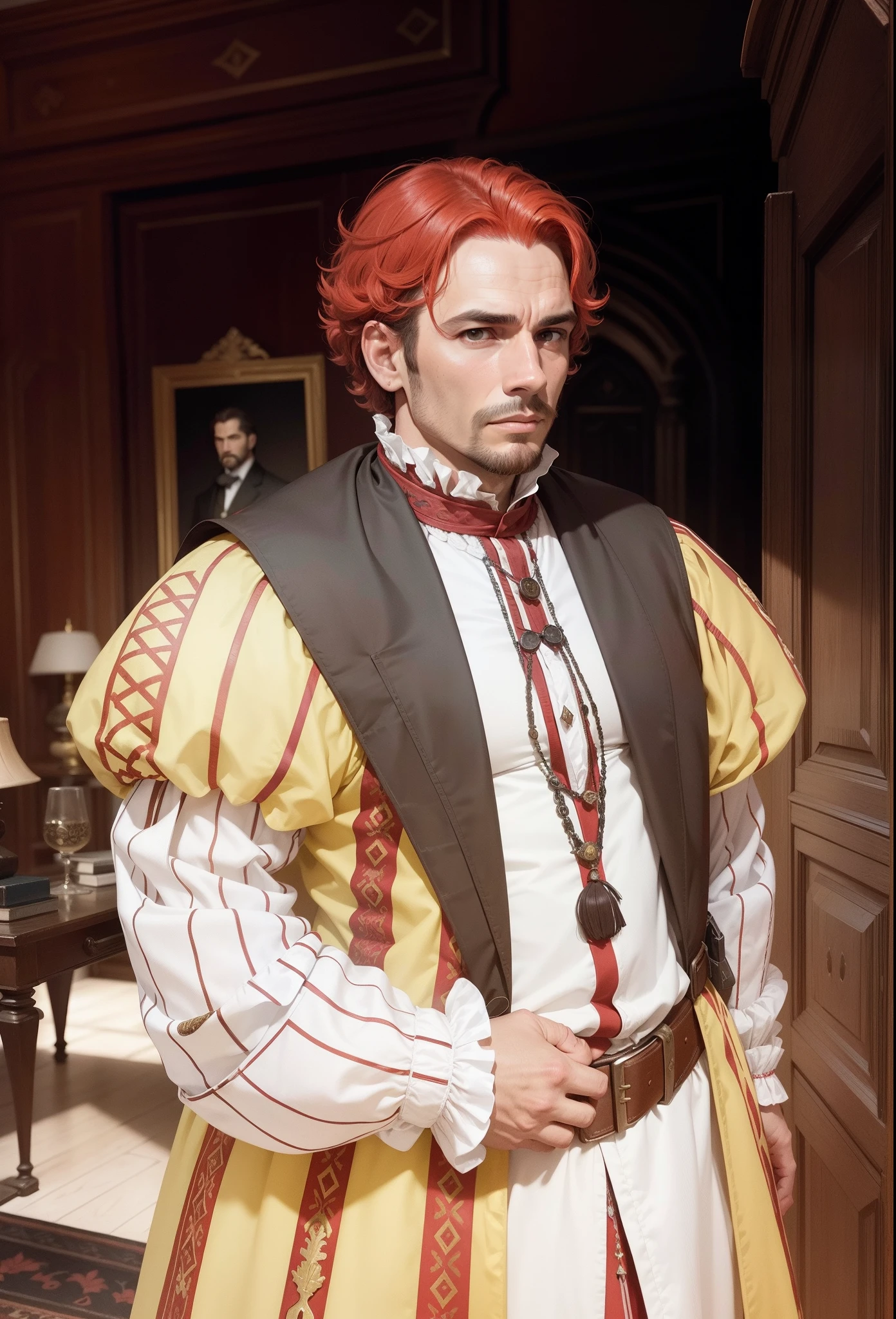 Arafed man in a red and yellow outfit standing in a room - SeaArt AI