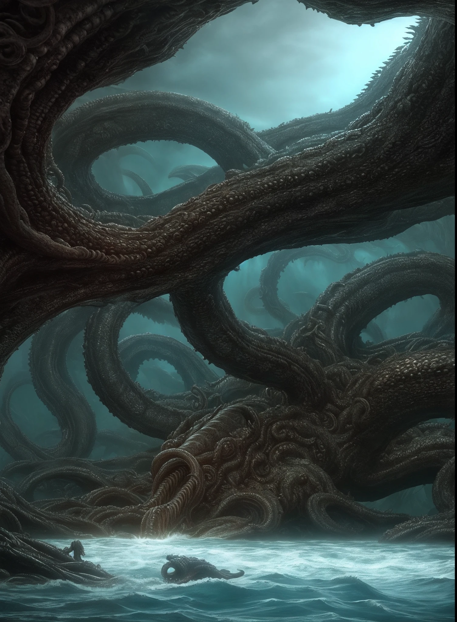 There is a huge creature in the water, detailed maw, the hydra from path of exile, underwater leviathan, lovecraftian sea creature, serpentine water monster, detailed hot maw, large mouth, zerg hydralisk, you looking into the maw, Alien octopus in a swamp, hd screenshot, detailed screenshot, maw art