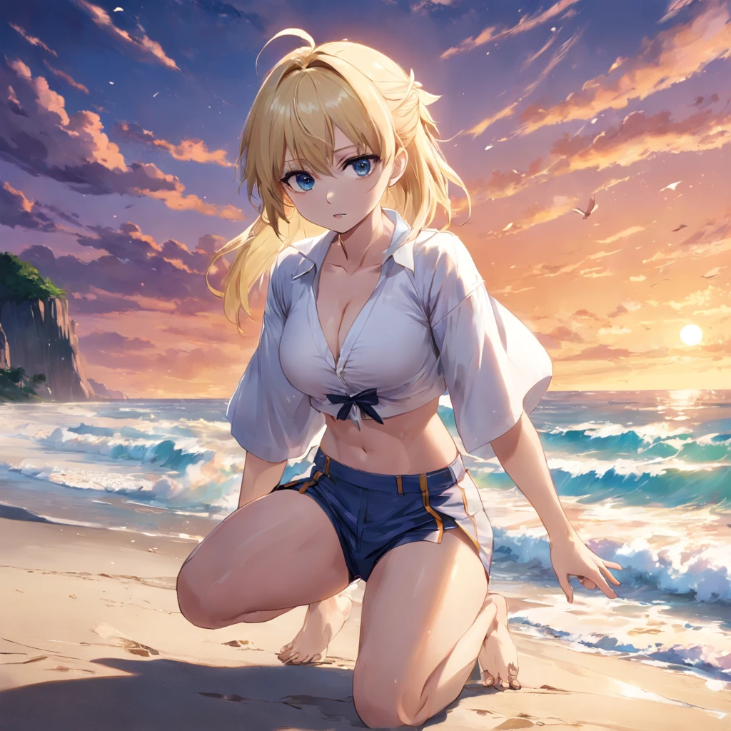 (Masterpiece:1.4), (Best quality:1.4), Realistic, 1girll, Artoria Pendragon \(fate\) , Short shorts, White shirt, beach, cleavage,Crop top