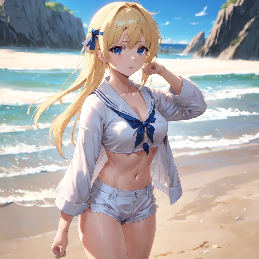 (Masterpiece:1.4), (Best quality:1.4), Realistic, 1girll, Artoria Pendragon \(fate\) , Short shorts, White shirt, beach, cleavage,Crop top