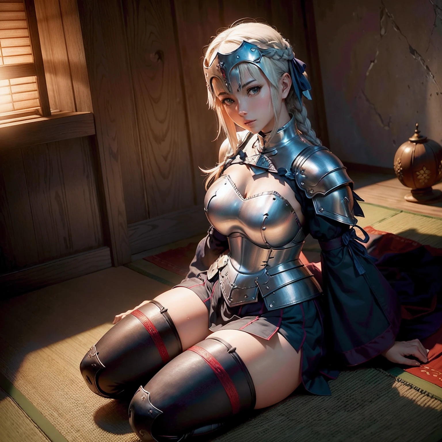 (garota hiper realista:1.2), ((Jeanne D'Arc de 18 anos)), (Fate series), ((fate)), (Ruler), corpo inteiro, single body, olhando para frente, sitting on ground, (coxas internas expostas), joelhos dobrados, ((cabelo loiro)), seios grandes:1.3, Quarto feminino, Traditional Japanese Room, Hiper realista, cinematic lighthing, (octan render), ray tracing