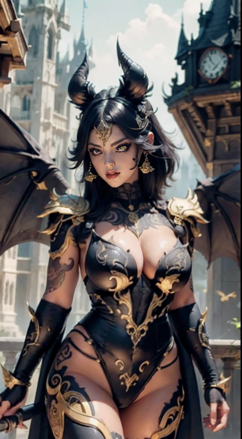 (Masterpiece), Top quality, Expressive eyes, Perfect face, Smooth skin, tribal tattoos, Devil Girl, Black Magic Corner, big bat wings, punky style, Super plump, Tight overalls, Tight gold and red gradient armor, 8K_the wallpaper,  eye detailed, Body details, Finger details, (Digital artwork), (Caricature illustration details), (Line art details), ((Perfect)) parfect anatomy, best hands)), (finedetail:1.3), (highly details:  1 ,3), (illustration :1 , 3 ), (Sharp focus:1,3), (Natural light:1,05), (Light color:1,3), Haunted castle background,