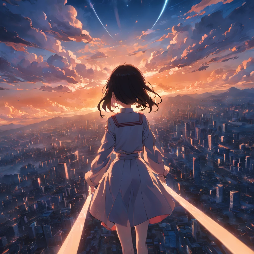 A view of a masterpiece,best qualtiy,cinematic Film still from,1个Giant Breast Girl,Glide through the sky,Close up,Bright and splendid,Joyful,Walden warm light,Sunset,(spark of light:0.7),Futuristic world style。