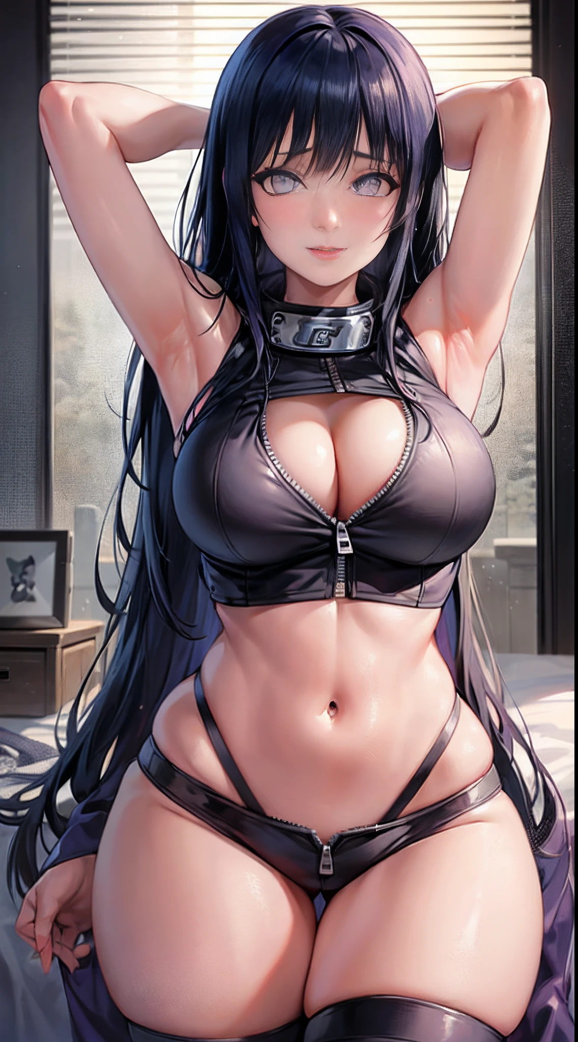 masterpiece, high resolucion, High image quality, Detailed face, Detailed Body Rendering, 1 gal, Solo, hinata hyuga, Hinata sleeveless outfit, large full breasts, large full breasts, sleeveless shirts, Mesh Tower, dark lips, unzipped jacket, No bra, Chest Out, Standing, blushful, (in a bedroom), varied pose