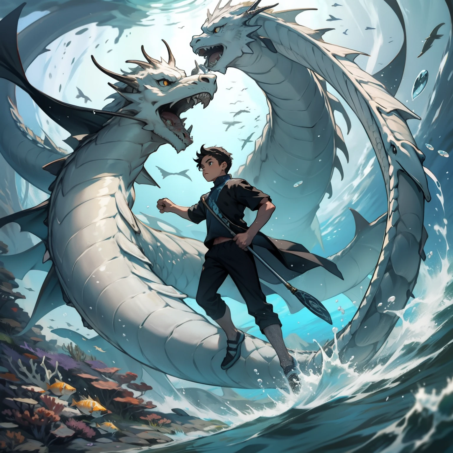 A boy swims at the bottom of the sea，White Dragon