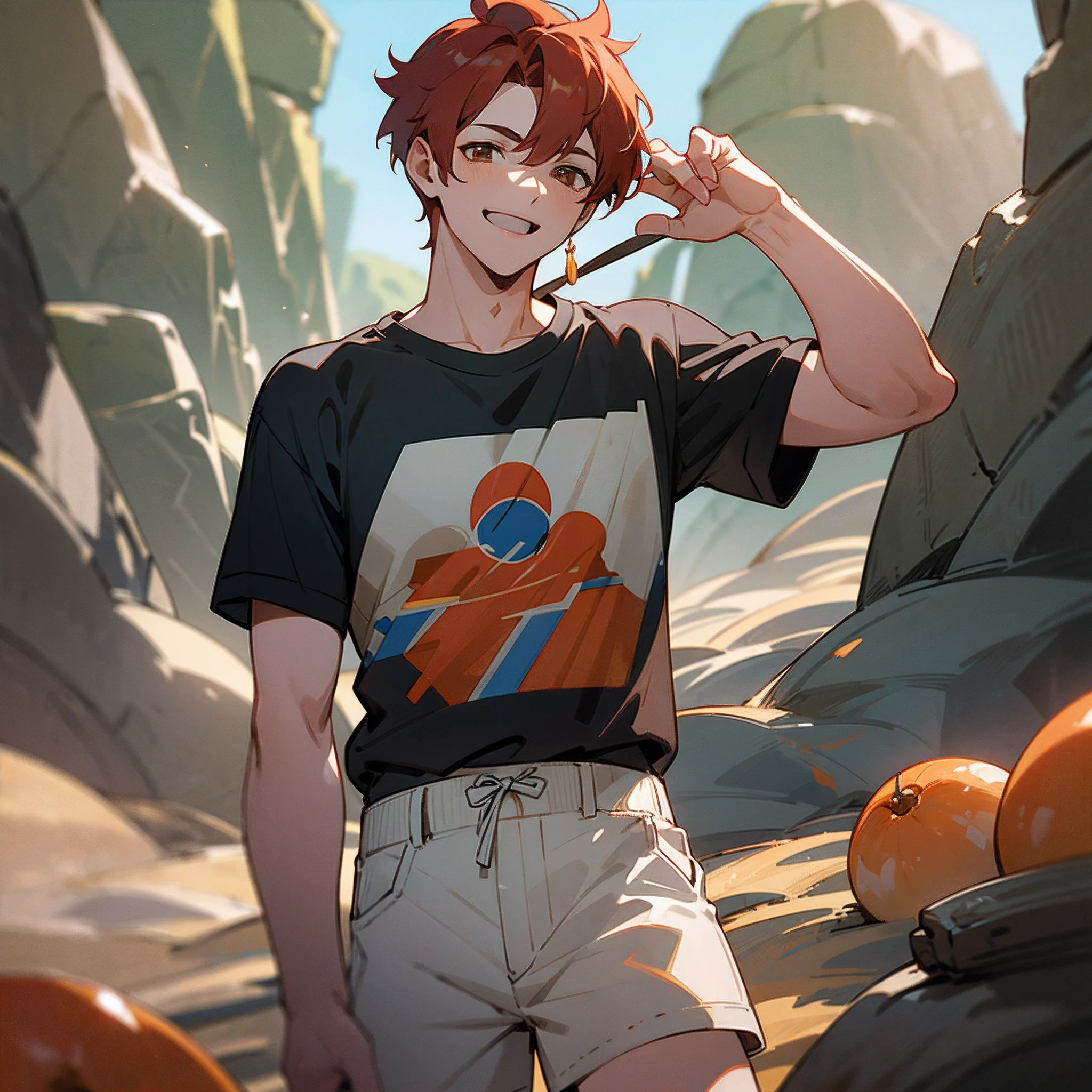 Masterpiece, Best quality, {Best quality}, {{Masterpiece}}, {A high resolution}, {{{field field}}, The is very detailed, illustration, 1boys, cheerfulness, vivaciousness,simplicity, Romantic, Sharp focus, Male focus,Short fiery red hair, Light brown eyes, Sun, Sunlight, desert,Gobi,Large and small stones,On the large leaves are placed fruits and meat,tee shirt, Men's casual shorts, mirth, adventurer --auto --s2