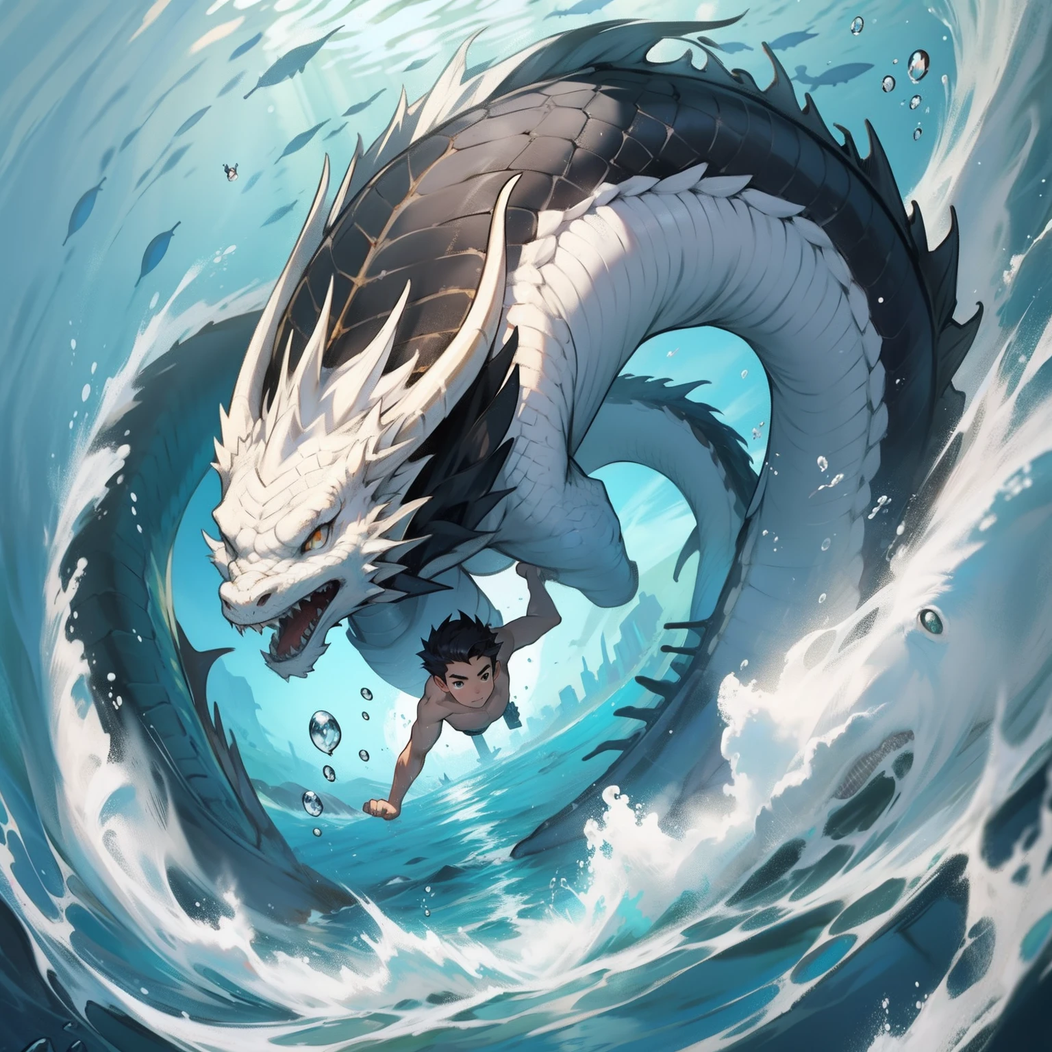 A boy swims at the bottom of the sea，White Dragon