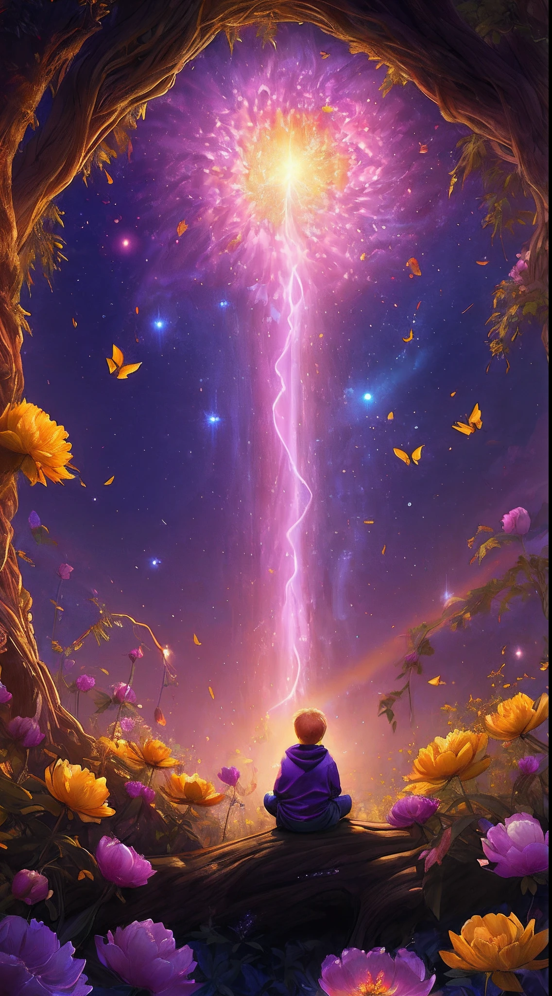 Close up, expansive landscape photograph , (a view from below that shows sky above and open field below), a little 9 years old blond boy with long sweatshirt and yellow scarf sitting on a trunk in yellow Peony flower garden looking up, ( comet:0.9), (nebula:1.2), distant Wetland, tree of life, BREAK production art, (warm light source:1.2), lamp, lot of purple and orange, intricate details, volumetric lighting, realism BREAK (masterpiece:1.2), (best quality), 4k, ultra-detailed, (dynamic composition:1.3), highly detailed, colorful details,( iridescent colors:1.2), (glowing lighting, atmospheric lighting), dreamy, magical, (solo:1.2), magical beautiful waterfall