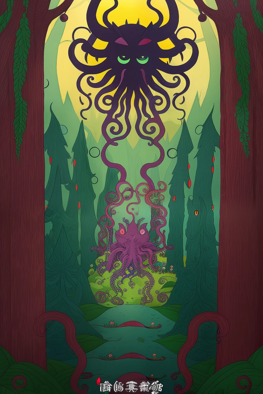 "Please draw a、Cartoon-inspired monsters。This monster is inspired by mythology.、Has a large number of eyes and tentacles。The color palette is bright colors、The background is a mysterious forest。"