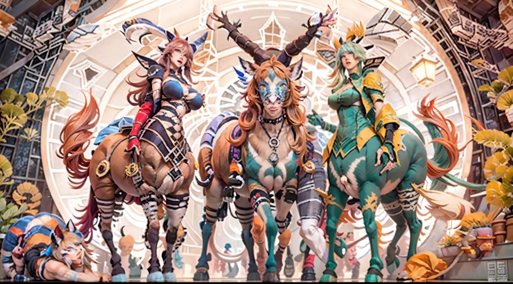 In the beautiful illustration of this super-grand scene,The ultra-long-range lens is shown(Over eight unique centaur characters:9.9),They all have their own characteristics,Vivid and interesting。Radiant angelic centaurs from the heavenly realm,To the hellish centaurs surrounded by nightmarish flames,And then to the Wind Fairy Centaur dancing in the air,There are also one-horned centaurs surrounded by thunder and lightning,and mechanical centaurs that shine with metallic light,And then to the powerful dragon centaur with colored dragon scales covering the whole body,The elegant and agile elf centaur always wears a flower crown with its slender graceful lines,Enchanting and charming Tiflin centaurs。Each character has their own unique charms and abilities。The illustration uses advanced artistic techniques and tools,(Divide the scene into sections by geometric arrangement:9.9),Each section corresponds to a centaur character,This makes more efficient use of space。Through Midjourney's advanced brush tools、Color palette、Material packs and model packs,For each centaur, beautiful props are designed to increase racial characteristics、Clothing and physical features,Enhances the character's personality and visual appeal。The scenery in the illustrations is stunning,There are changing skies、rainbowing、extreme light、Stars and Moon。Incorporating iconic landmarks such as Mount Everest,and fireworks、tranquil lake、Natural and urban elements of waves and neon lights,Creates a magical atmosphere。The centaurs display their unique abilities and equipment in a variety of environments,This is true even in extreme alien landscapes。(Use Midjourney's tools、Material packs、Texture tools、The color palette makes depicting details vivid and realistic:9.9),From complex hairstyles and as well as different racial traits、Body、Appearance features、Clothing to real textures,This greatly enhances the realism of the characters and surroundings。The fusion of multiple art styles adds movement to the centaur's