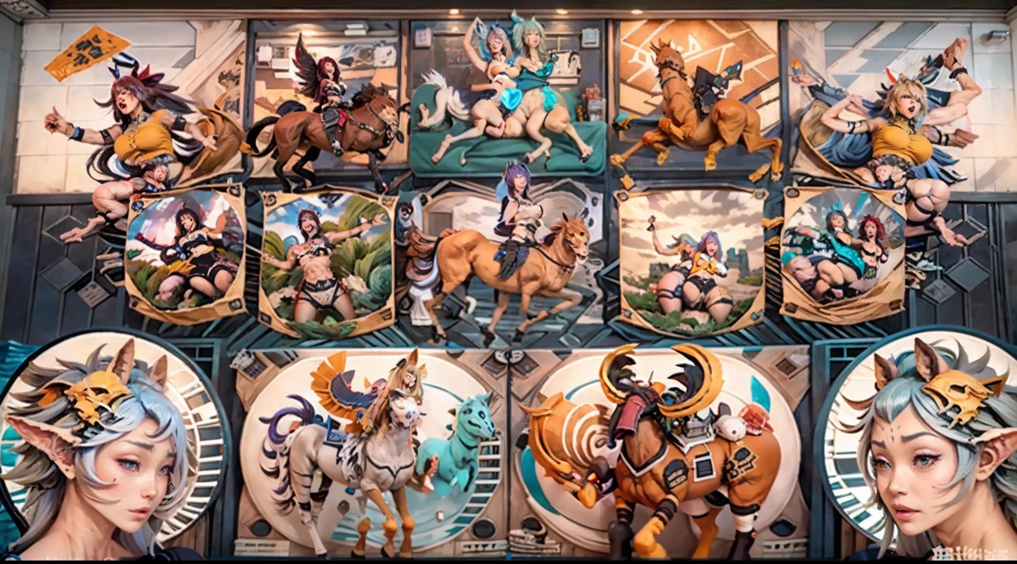 In the beautiful illustration of this super-grand scene，The ultra-long-range lens is shown（Over eight unique centaur characters：9.9），They all have their own characteristics，Vivid and interesting。Radiant angelic centaurs from the heavenly realm，To the hellish centaurs surrounded by nightmarish flames，And then to the Wind Fairy Centaur dancing in the air，There are also one-horned centaurs surrounded by thunder and lightning，and mechanical centaurs that shine with metallic light，And then to the powerful dragon centaur with colored dragon scales covering the whole body，The elegant and agile elf centaur always wears a flower crown with its slender graceful lines，Enchanting and charming Tiflin centaurs。Each character has their own unique charms and abilities。The illustration uses advanced artistic techniques and tools，（Divide the scene into sections by geometric arrangement：9.9），Each section corresponds to a centaur character，This makes more efficient use of space。Through Midjourney's advanced brush tools、Color palette、Material packs and model packs，For each centaur, beautiful props are designed to increase racial characteristics、Clothing and physical features，Enhances the character's personality and visual appeal。The scenery in the illustrations is stunning，There are changing skies、rainbowing、extreme light、Stars and Moon。Incorporating iconic landmarks such as Mount Everest，and fireworks、tranquil lake、Natural and urban elements of waves and neon lights，Creates a magical atmosphere。The centaurs display their unique abilities and equipment in a variety of environments，This is true even in extreme alien landscapes。（Use Midjourney's tools、Material packs、Texture tools、The color palette makes depicting details vivid and realistic：9.9），From complex hairstyles and as well as different racial traits、Body、Appearance features、Clothing to real textures，This greatly enhances the realism of the characters and surroundings。The fusion of multiple art styles adds movement to the centaur's