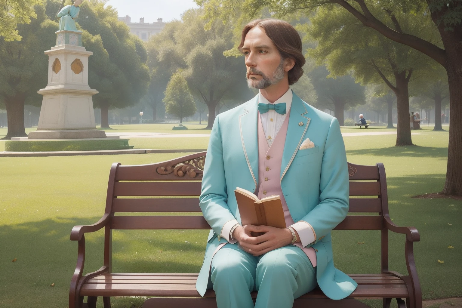Request a harmonious blend of Pre-Raphaelite beauty and Wes Anderson's stylized symmetry: a man in his fifties, perfectly dressed in pastel attire, seated on an intricately patterned park bench in a city park filled with delightfully quirky statues.