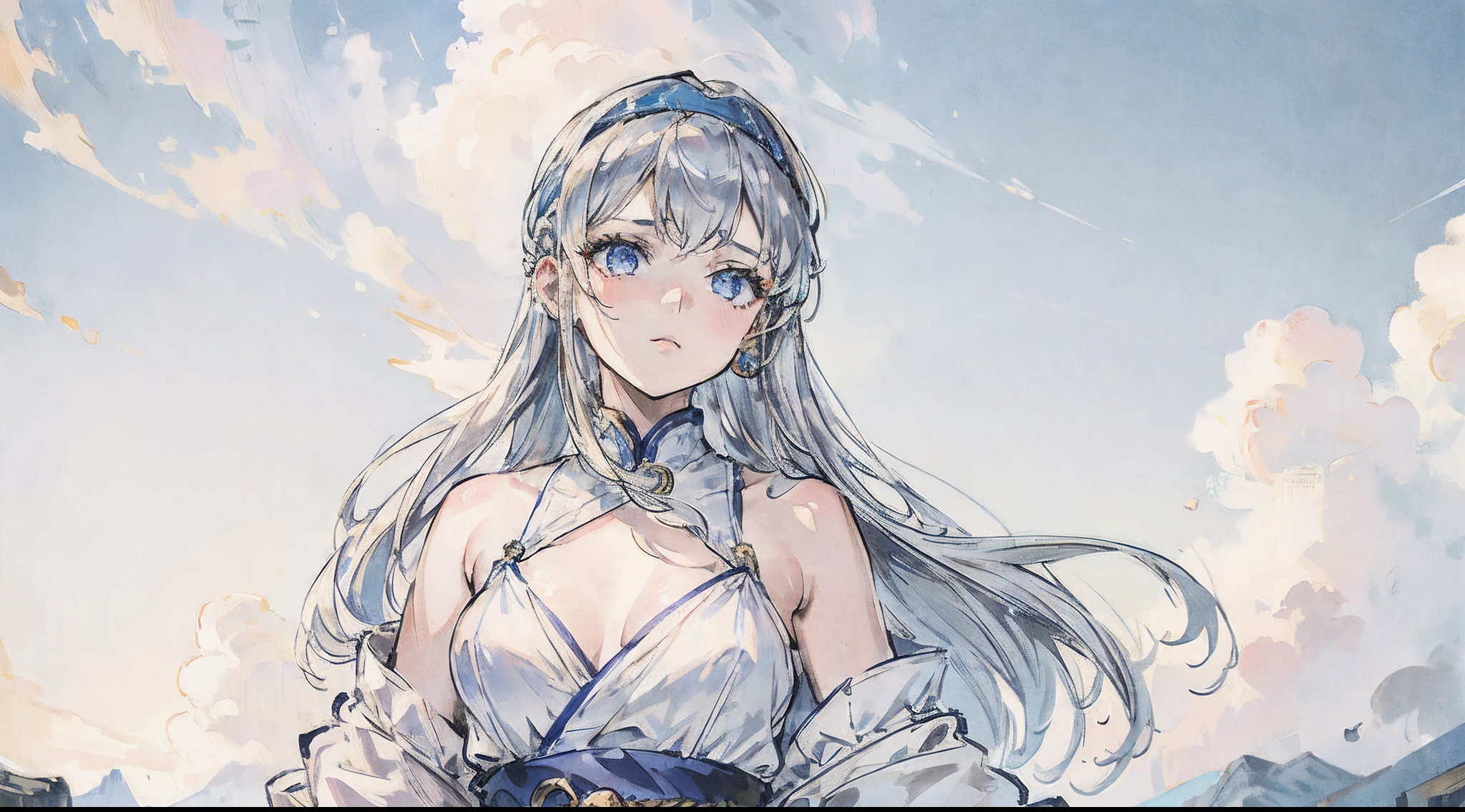1girl , female commander, long silver hair , sky-blue eyes, white headband, golden earring, small breast, SFW, high Res, 8k, best quality, masterpiece