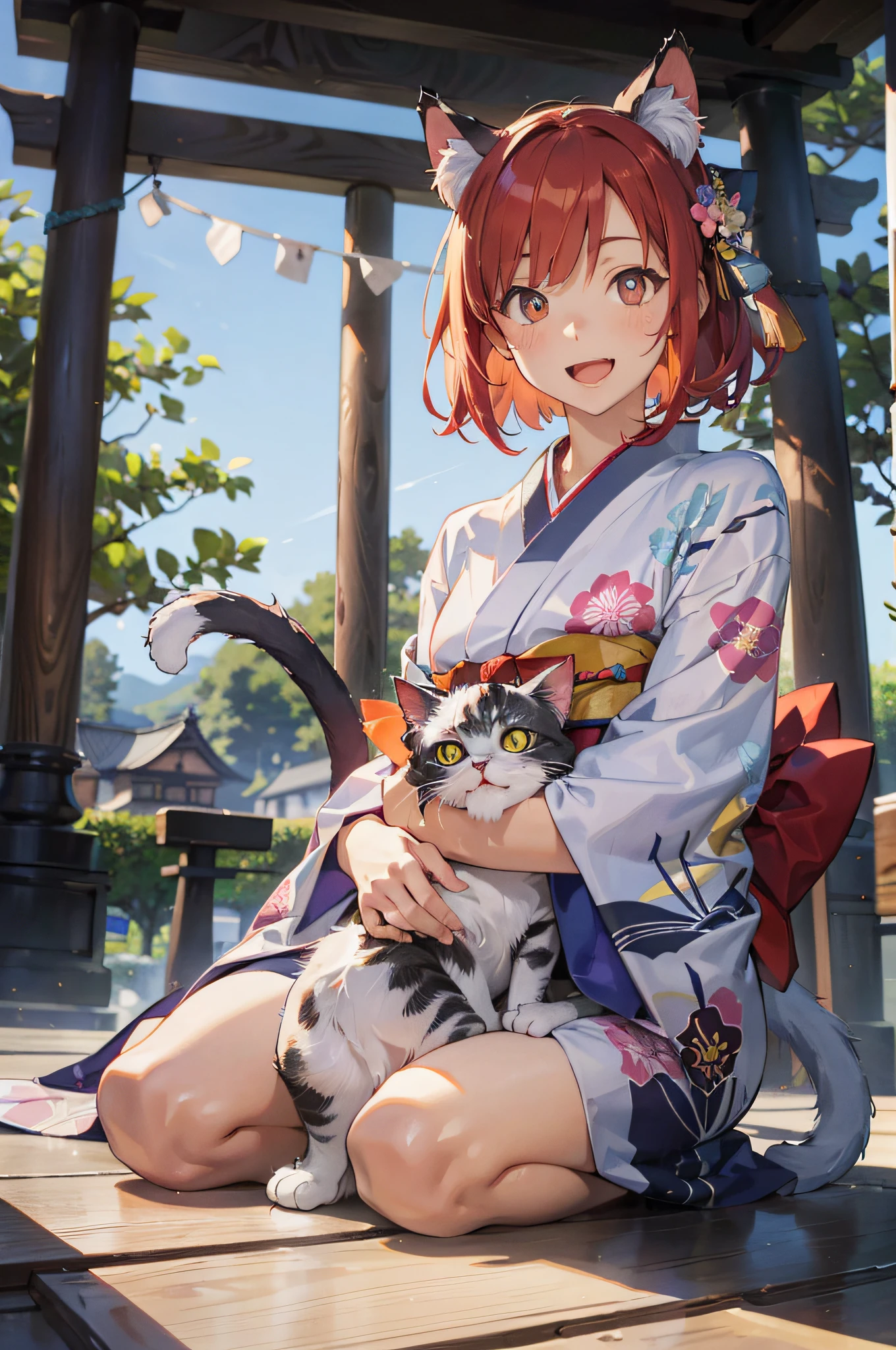 masutepiece, Best Quality, Detailed beautiful face and eyes, Full body, The best illustrations, PastelColors, (jpn、Shrine 1.4), Red torii gate, beauitful face, blurry backround, beautiful girl, shinny skin, (1The tail of a cat in a book grows:1.3), Sharp pupils, Realistic pupils, Glowing red hair, bob cuts, Eyes are yellow, Cat's ears, Floral hair ornament, Opens mouth and laughs, Happy expression on face、Curve, (Kimono:1.2), facing front、paw pause