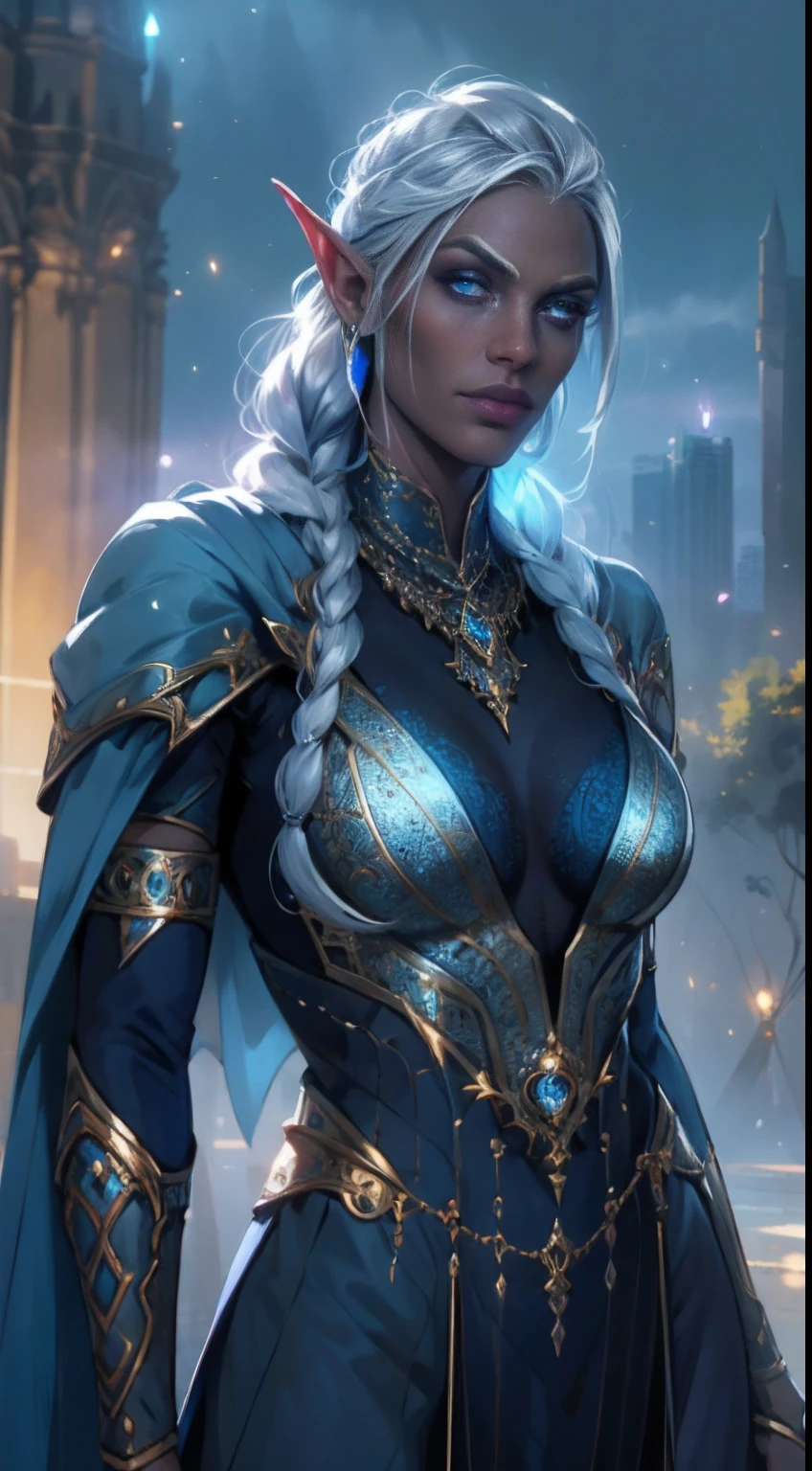 1girl, drow sexy, pele roxo-azul, long and elaborate braids of pale silver, ((olhos vermelhos)), jewelries, orelhas de elfo, Brincos, ((vestido sexy feiticeira branca)), ((maneja a equipe)), ((Cast light magic)), on a roof of skyscrapers, atletic, Volumetric lighting, best quality, master part, Realistic, anatomicamente correto, (Strong cinematic lighting), detalhes impressionantes, detalhes intrincados, 8K post-production, high resolution, super detalhes, trending on ArtStation, foco nítido, profundidade de campo f/1.8, studio photos, (((Looking at camera)))