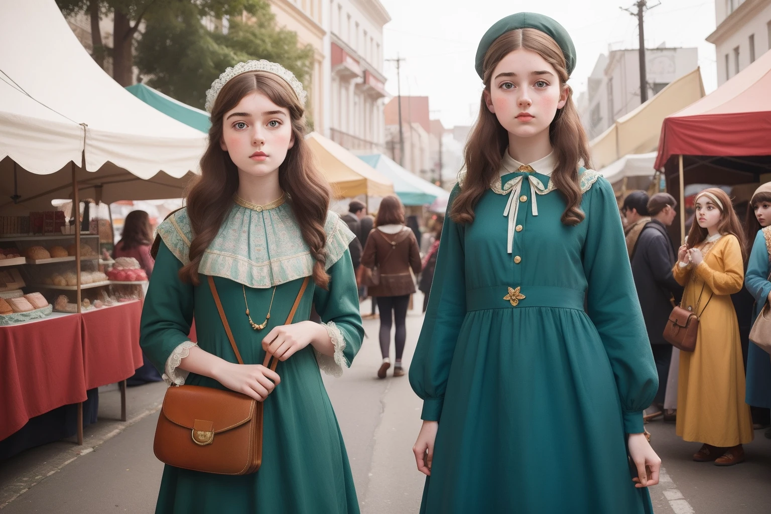 Illustrate a teenage girl, with ethereal Pre-Raphaelite features, adorning her vintage dress with quirky Wes Anderson-inspired accessories, as she stands in a whimsical urban street fair, surrounded by colorful stalls and eccentric characters.