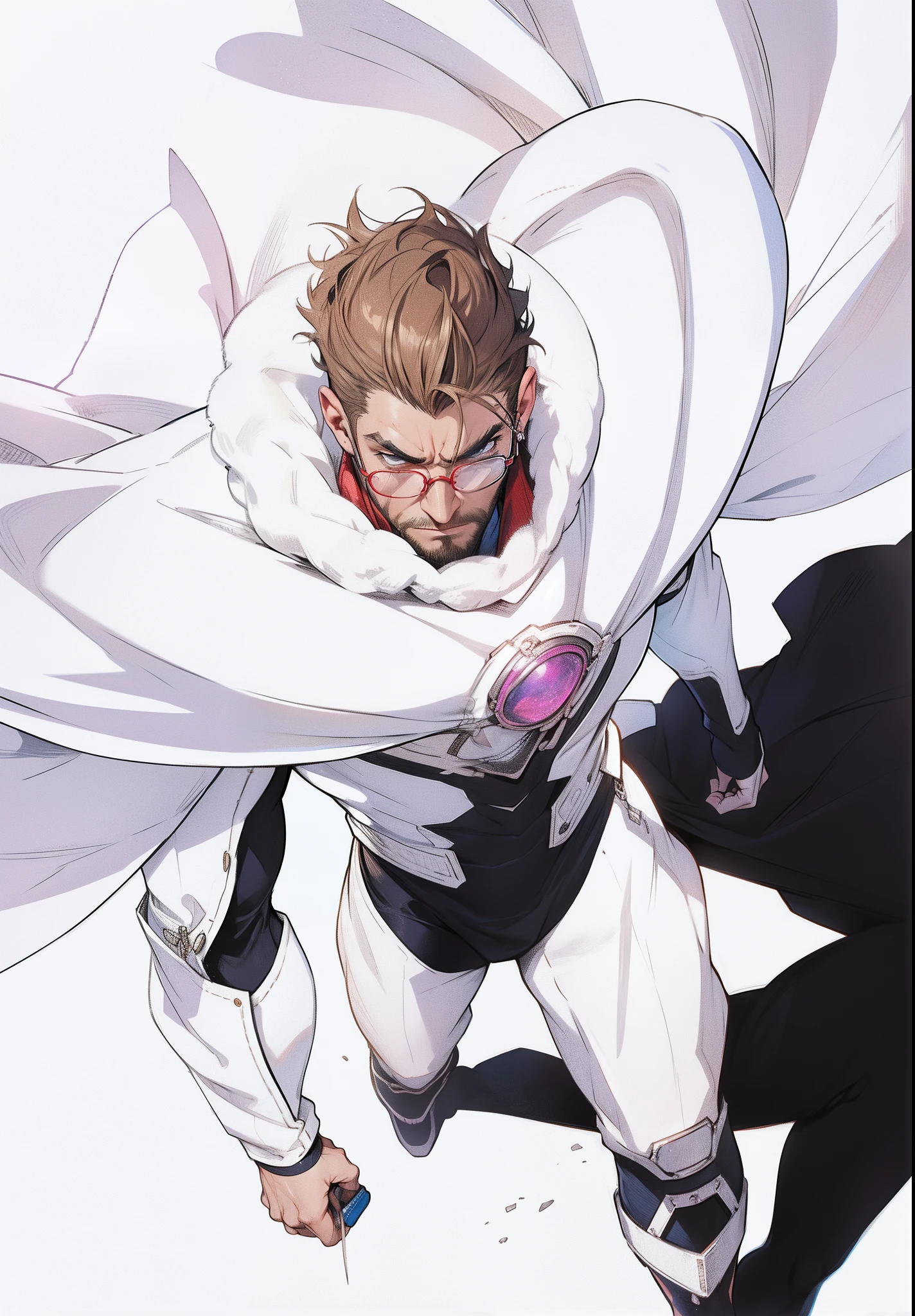 (Blast), 1 masculino, Personagem masculino na casa dos 20 anos, Sub-realismo, NFFSW, medium shot, best quality, arte oficial, visual chave, Antecedentes detalhados, Fundo da branco, Starry sky, Intense angle, angulo visto de cima, Olhando para o Viewer, Cabelo marrom escuro, medium hair, Messy hair for men, cabelos empacotados, Rosey glasses, angry face, Observando o espectador, roupa branca