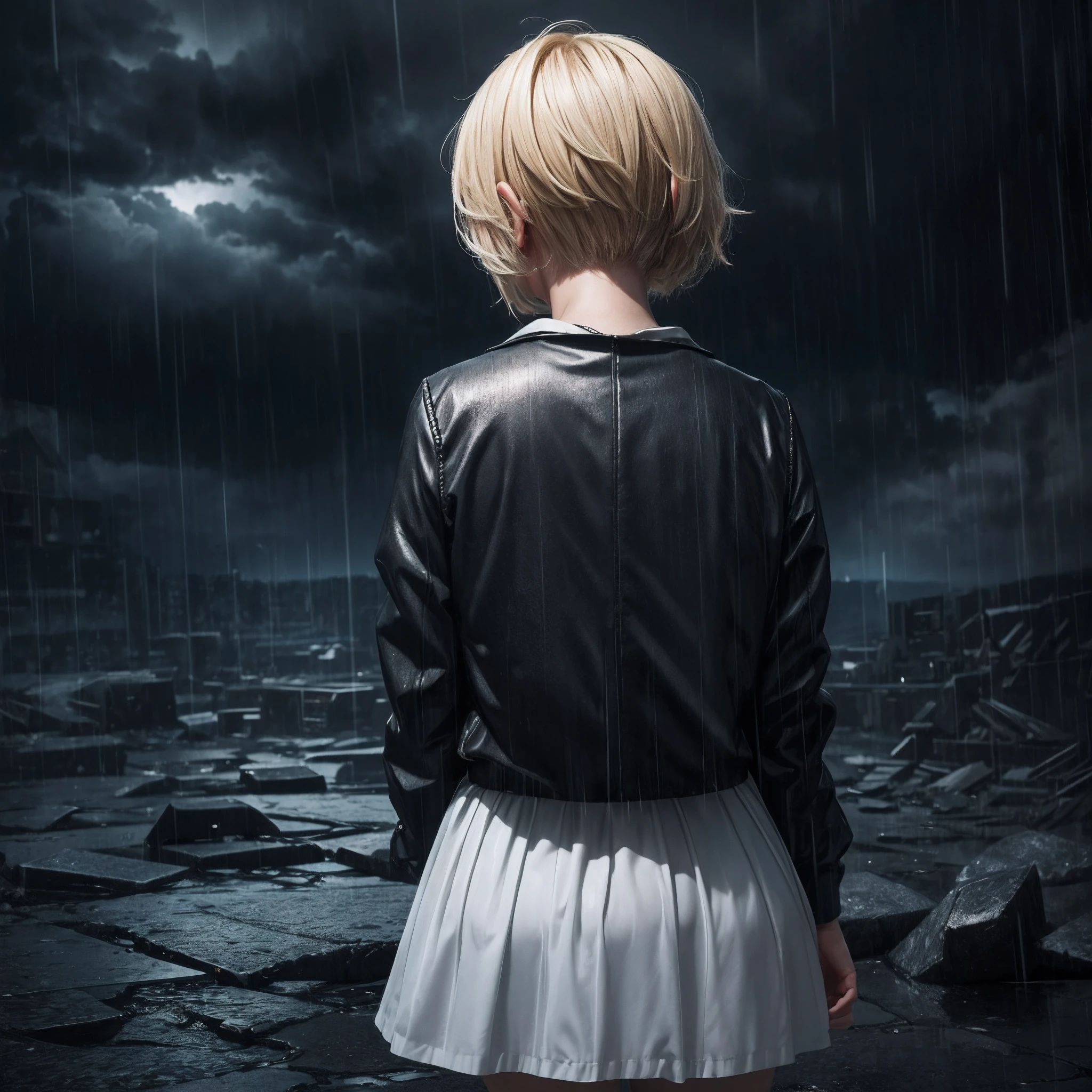 Sad girl,cry,darkness,Rain sky,。.。.。.。.。.。.3D,Upscale,hard disk,Blonde short,is crying,with his back turned