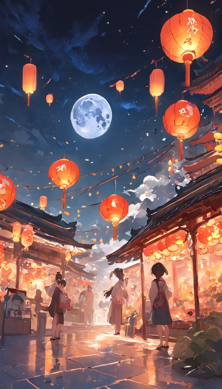 On the night of the Mid-Autumn Festival，A bright full moon hangs over the starry night sky，A spacious square is illuminated。In the middle of the square，Two charming giant pandas standing under the moon，Their black and white colors are particularly vivid in the moonlight。The two pandas seem to be the guardians of the Mid-Autumn Festival celebration，They are bathed in soft light，It is particularly cute and eye-catching。
Traditional bamboo lanterns and art installations dot the square，Create a mysterious and beautiful atmosphere for this celebration。The mooncake stalls are filled with mooncakes of all flavors，The aroma is fragrant，And the pandas became the stars of the square，It attracts many tourists to come to see and take pictures。
As night fell，The lights light up gradually，It adds a lot of color to the whole scene。on the sky，Fireworks in full bloom，Together with the pandas and the moon, it forms a spectacular picture of celebrating the Mid-Autumn Festival。The scene is full of unique artistic and celebratory atmosphere，It will definitely impress。