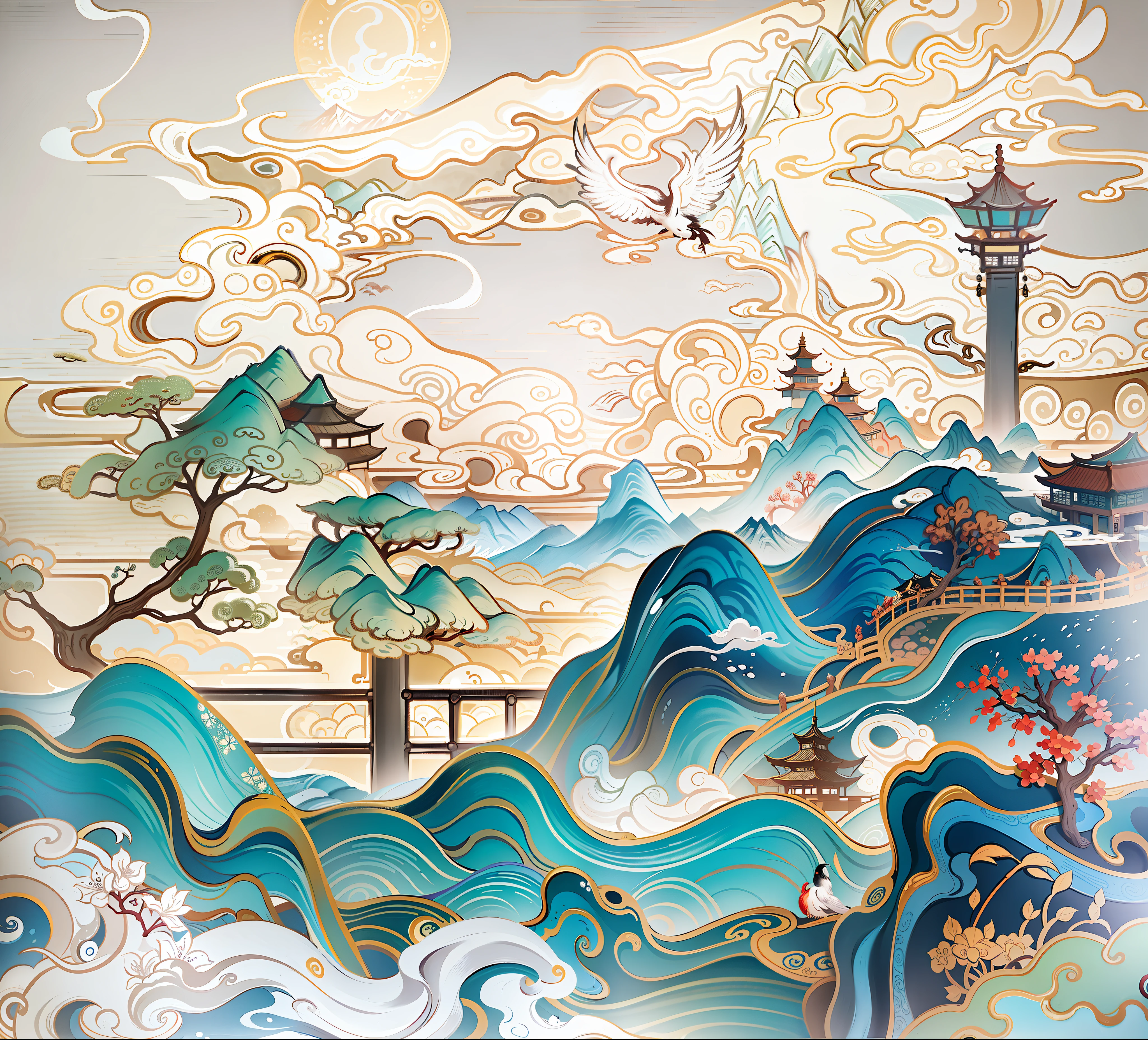 An ancient Chinese painting, ancient Chinese background, mountains, rivers, auspicious clouds, pavilions, sunshine, masterpieces, super detail, epic composition, ultra HD, high quality, extremely detailed, official art, unified 8k wallpaper, Super detail, 32k -- v 6