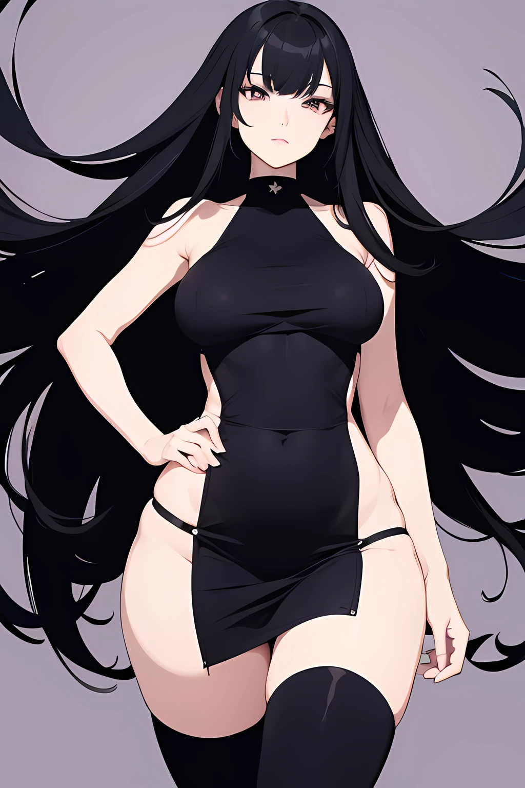 flat color, high contrast, ultra detalisation, 1 woman, perfect body, long black hair, grey eyes, big hips, minidress, abstract background, high res, ultrasharp, 8K, masterpiece