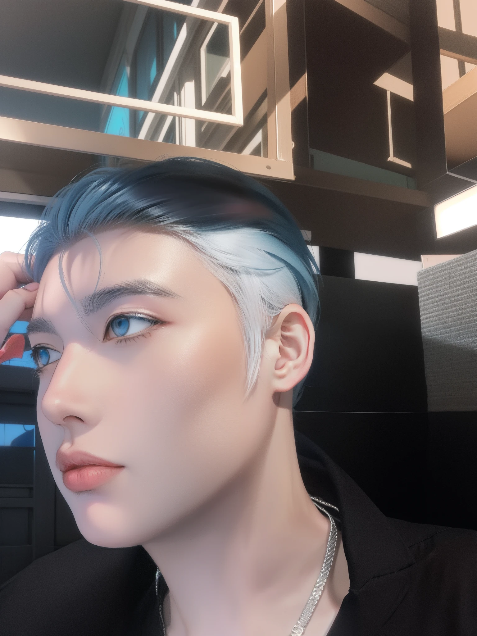 Anime man with white hair and blue eyes, tall anime guy with blue eyes,, 2 d anime style, spear, he has dark grey hairs, zerochan art, white haired, zerochan, Male live-action anime style, male anime character,Anime realistic style