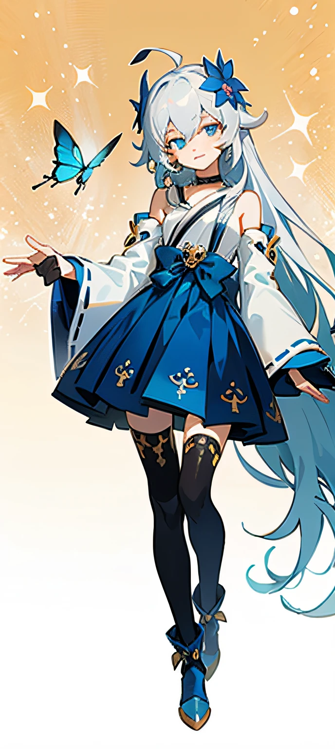 21charturnerv2,charturnbetalora,Shinkai sincerely,Kimi no Nava.,(fantasy:1.4), (azureblueeyes:1.233),Her eyes shone like dreamy stars,(Glowing eyes:1.233),(Beautiful and detailed eyes:1.1),(Silver hair:1.14),(Messy hair,Very long hair,french braid,hair between eye,side locks), (+(bule hair flower:1.14)),(Chiffon dress,bule flower pattern in uniform)/=(army suit:1.24),(Detached sleeves,Wide sleeves),(Fingerless gloves),choker necklace,(miko thighhighs),high heels boots,(Expressionless,Closed mouth),(standing),Dreamy,soul,(Fluorescence),(flying translucent blue butterflies:1.15), [[Delicate fingers and hands:0.55]::0.85],(Detail fingers),White background, full bodyesbian,Boolean themes,Golden background Magical girl