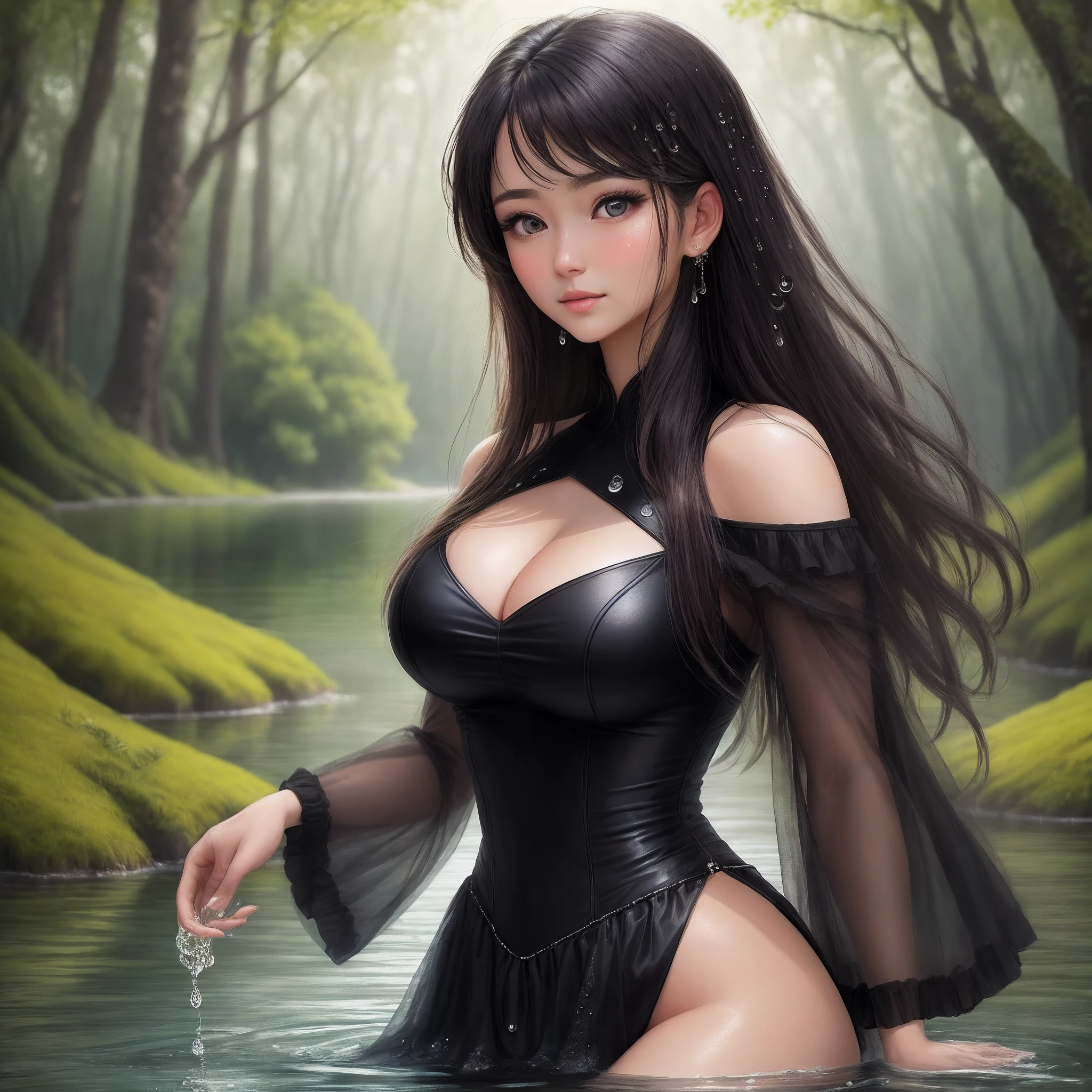 best qualtiy，tmasterpiece，Large breasts，二重まぶた，largeeyes，A beauty，Beautiful eyes，bshoulders，with fair skin，Incredibly ultra-detailed，stunningly realistic，exteriors，ln the forest，sentado em frente a um lago，best qualtiy，tmasterpiece，cabelos preto e longos，Similar to a live-action videography，Look at the audience tenderly，Water droplets on the hair，Live-life portrait