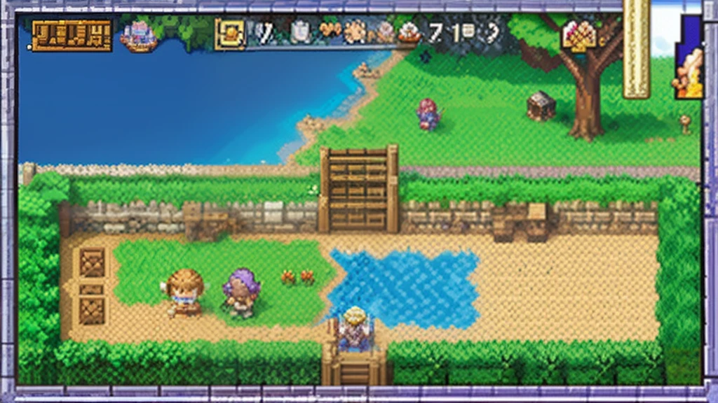 鸟山明风格,Flat pixel games《dragon quest》,Game scene design,(a paradise:1.4),16-bit pixels
