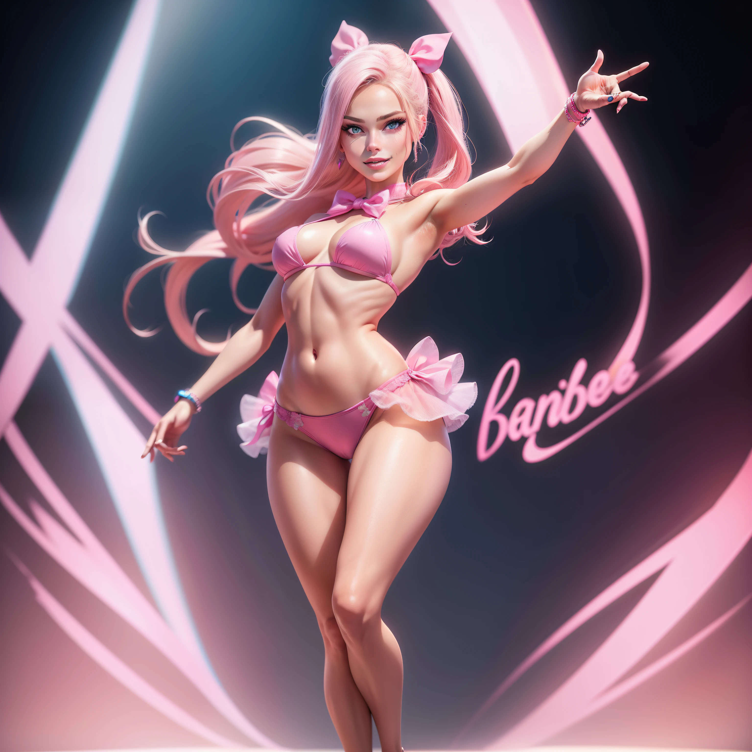 Barbie, ((Full body)), Blue eyes, Smiling face, Hair loss swaying in the wind, Hip Hop Singer Pose, Dressed in hip-hop style, Wearing a pink bikini, With a pink bow on the arm, Fashion, Extremely high quality, high details, 8K, clean back ground, in studio, ((Full body shot)),Fingers are realistic,Accurate Hand Modeling,