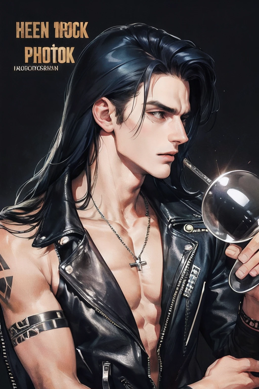 cover for a book, photography of a heavy metal star, a solo man, (((man))), (masculine face), 25 years old, singer, bad boy, (black eyes), expressive look, long dark blue black hair, (((bar background))), straight hair, blueshine hair, unshaven, black leather jacket, long sleve jacket, leather pants, chest tattoo, super detailed face, perfect body, perfect shapes, realistic image, award winning photography, 8k,