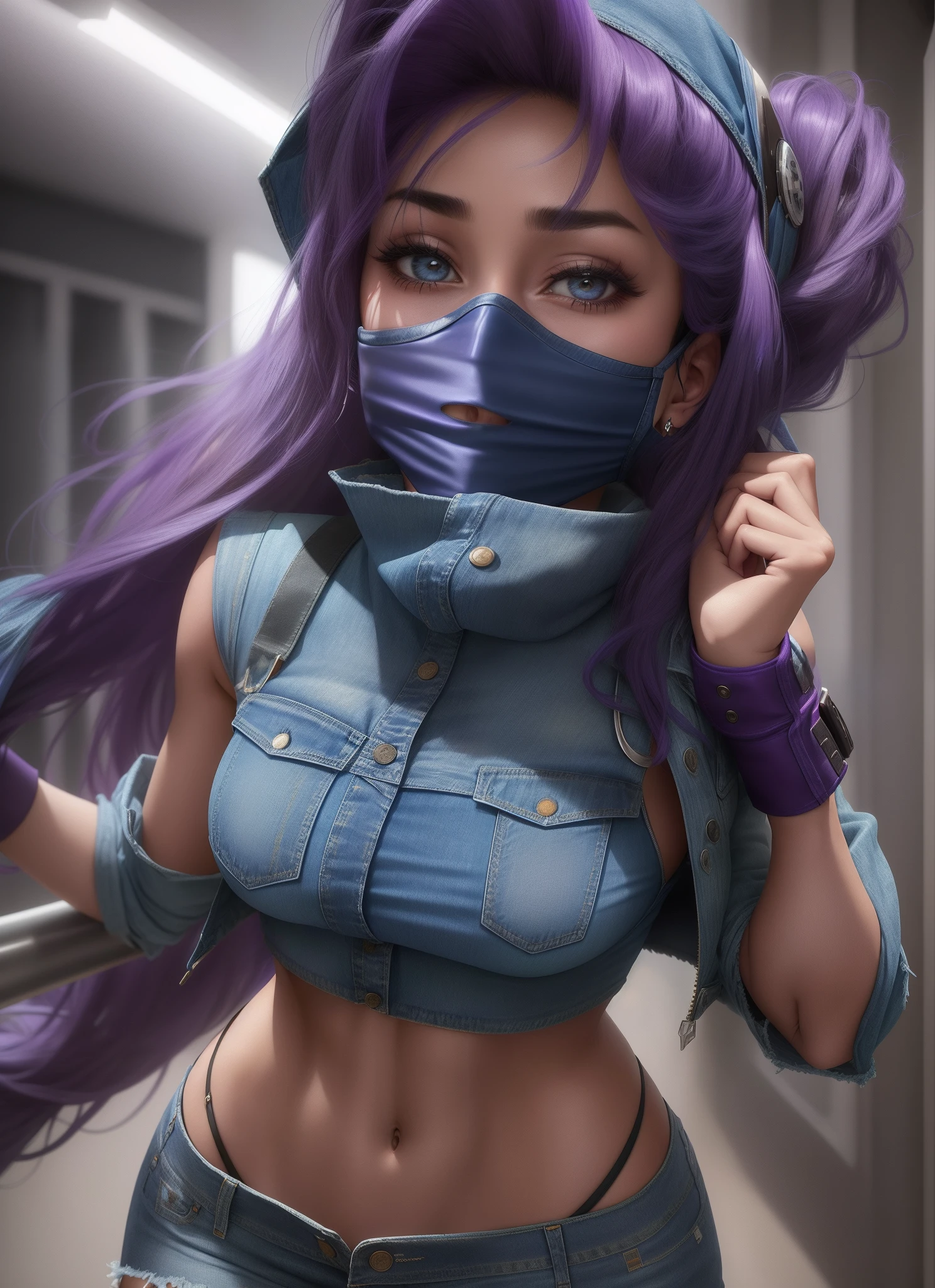 Sexy woman wearing a denim jacket over a purple crop top and a denim miniskirt, with long flowing hair and a blue mask covering her mouth.