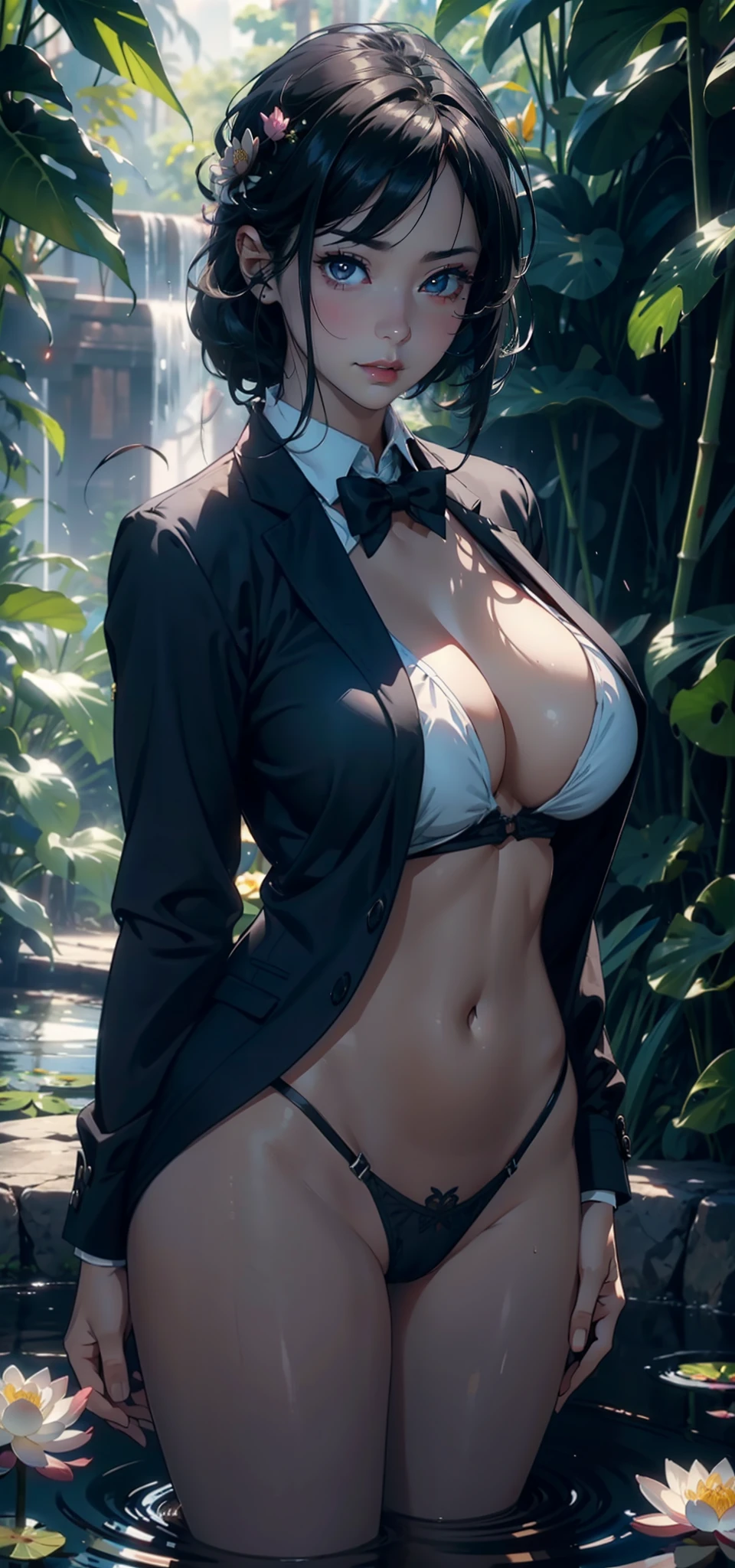 1female,huge tit,long leges,Big breasts Thin waist, 独奏,(Background with:the rainforest,lotus flower,lotuses,grape trees,Ground area water,Lotus pond,bamboo forrest,trpical garden) She has very short black hair,bobo head,Combat posture,seen from the front, hair straight, mostly cloudy sky,(((tmasterpiece),(Very detailed CG unity 8K wallpaper),best qualtiy,cinmatic lighting,detailed back ground,beatiful detailed eyes,Bright pupils,Black eyes,(Very fine and beautiful),(Beautiful and detailed eye description),ultra - detailed,tmasterpiece,)),facing at camera,A high resolution,ultra - detailed),revealing breasts,Bare genitalia, Bulge,legs are open,Raised sexy,Camel toes,Flushed complexion,Desire for dissatisfaction,frontage,Female secretary(Wearing:blazer jacket,tailcoat,White shirt,a black bowtie,Black socks)