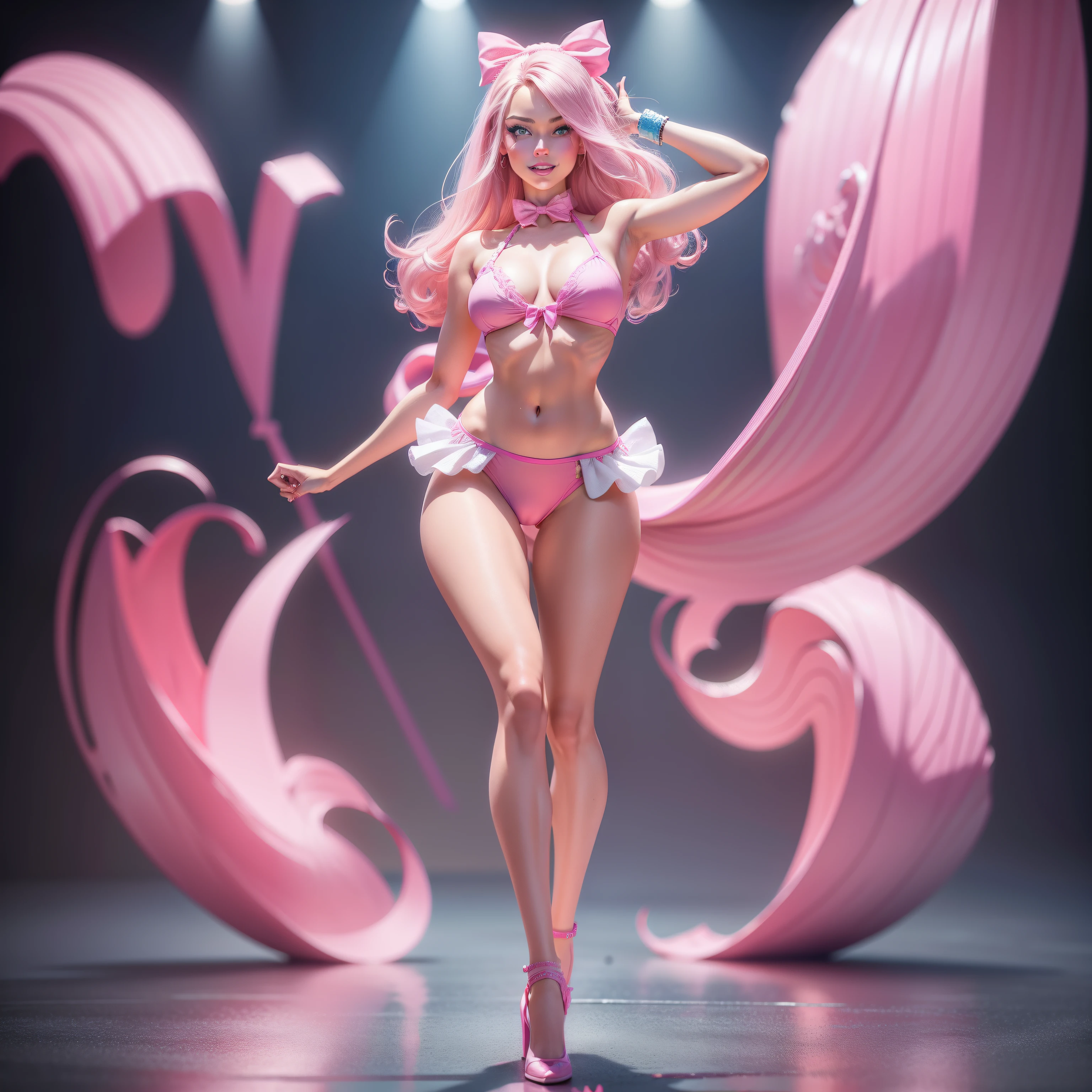 Barbie, ((Full body)), Blue eyes, Smiling face, Hair loss swaying in the wind, Hip Hop Singer Pose, Dressed in hip-hop style, Wearing a pink bikini, With a pink bow on the arm, Fashion, Extremely high quality, high details, 8K, clean back ground, in studio, ((Full body shot)),Fingers are realistic,Accurate Hand Modeling,