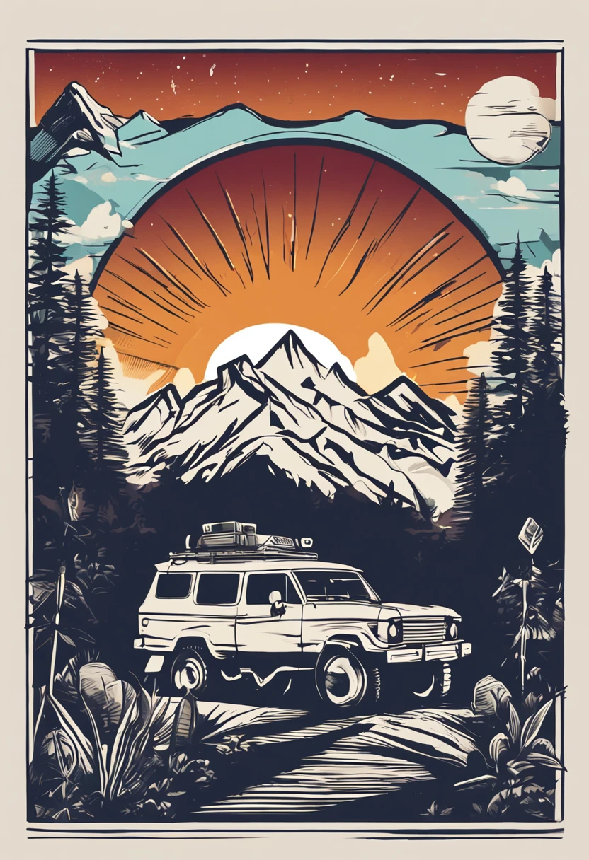 print ready vector t-shirt design, adventure scene with explorer, with beautiful nocturnal sun and mountain in the background, clean white background, professional vector, full shot, 8K resolution, deep impression illustration