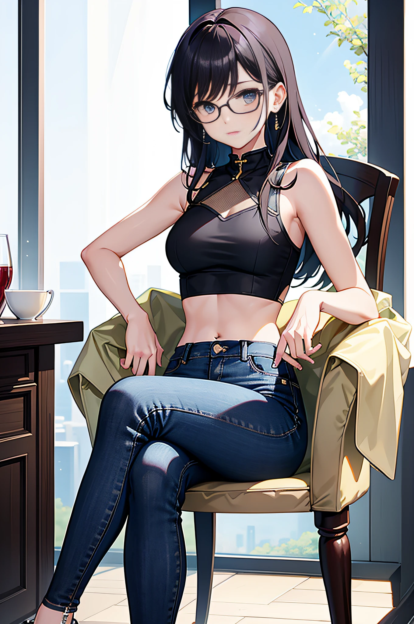 The girl sits in a chair，Wear skinny jeans and crop top vest。Do not wear glasses