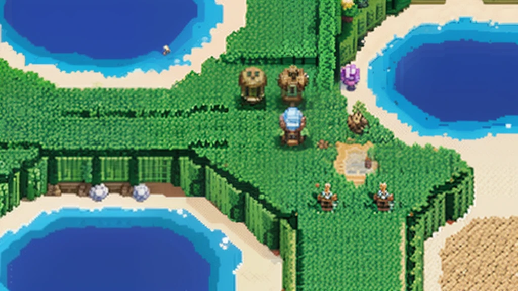 鸟山明风格,Flat pixel games《dragon quest》,Game scene design,(a paradise:1.4),16-bit pixels