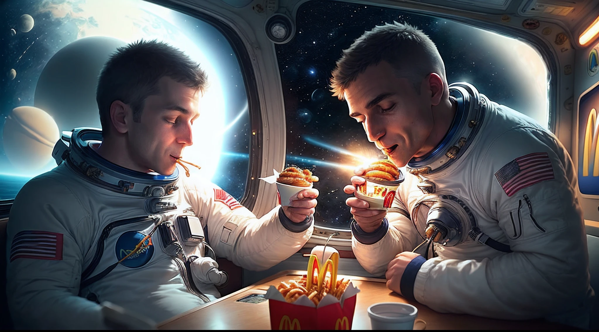 Man in space eating McDonald's food and scratching bum of other astronauts