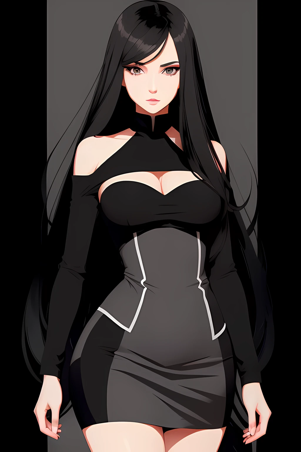 flat color, high contrast, ultra detalisation, 1 woman, perfect body, long black hair, grey eyes, big hips, minidress, abstract background, high res, ultrasharp, 8K, masterpiece