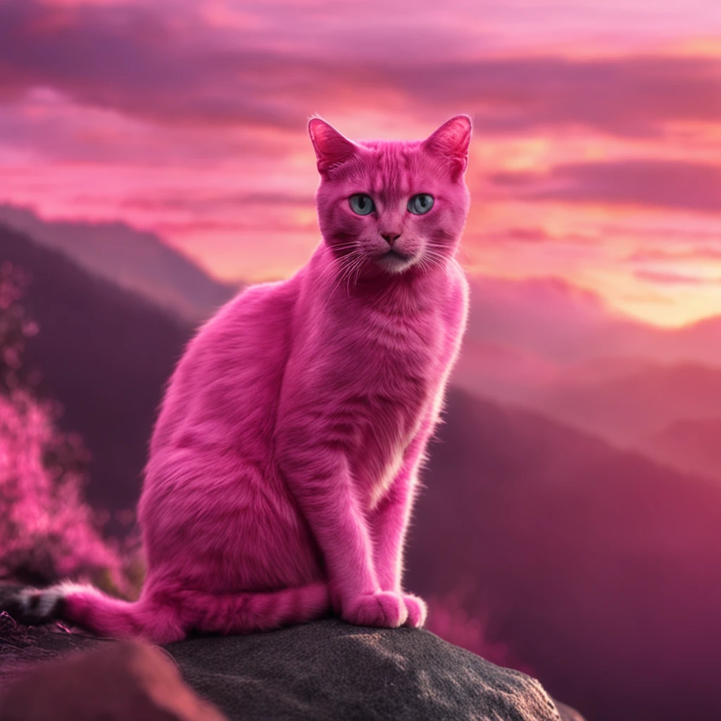 Pink cat on top of mountain with sunset